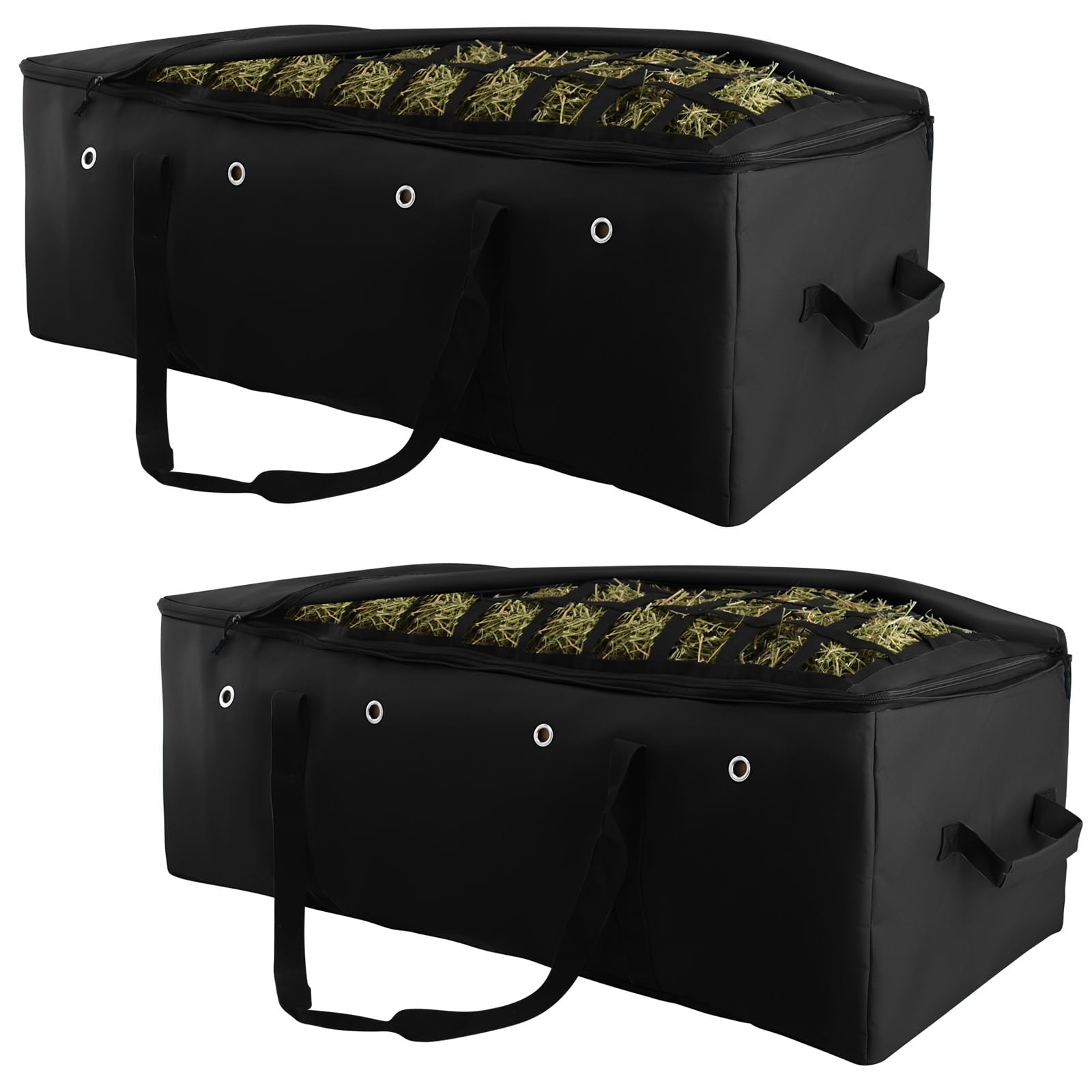 Paquete de 2 bolsas de heno, tela Oxford 1200D resistente, bolsa de heno de alimentación lenta, bolsa de almacenamiento extra grande con diseño de alimentación lenta superior para caballo