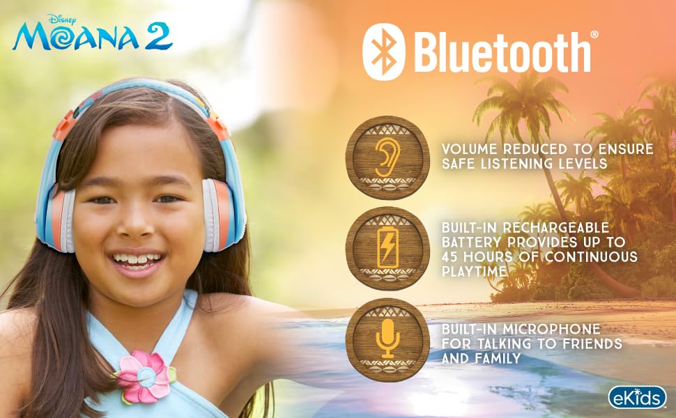 Image of Disney Moana 2 Bluetooth Headphones for Kids Wireless Headphones for School | Volume Reduced and Built-in Microphone