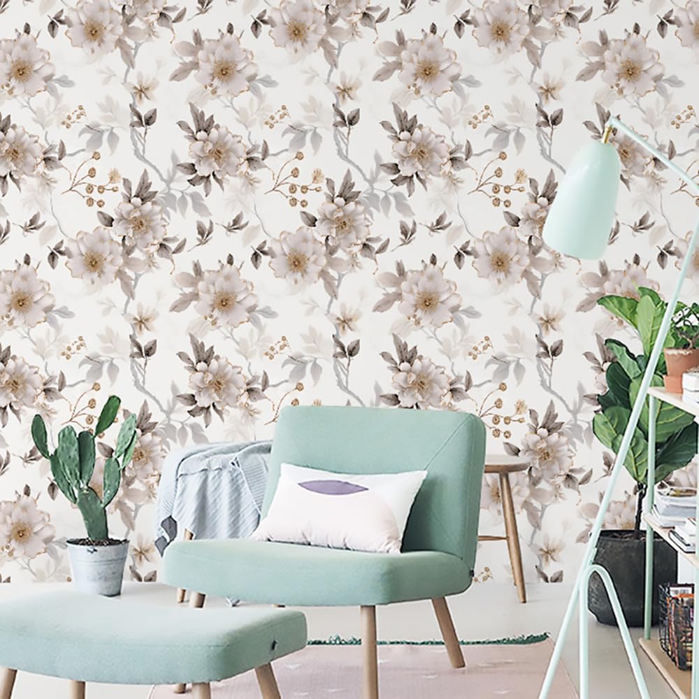 RANRAN Floral Peel and Stick Wallpaper Grey Floral for Bedroom Furniture Paper Removable Wall Decorations 17.3in x 236in（44 cm x 600 cm）
