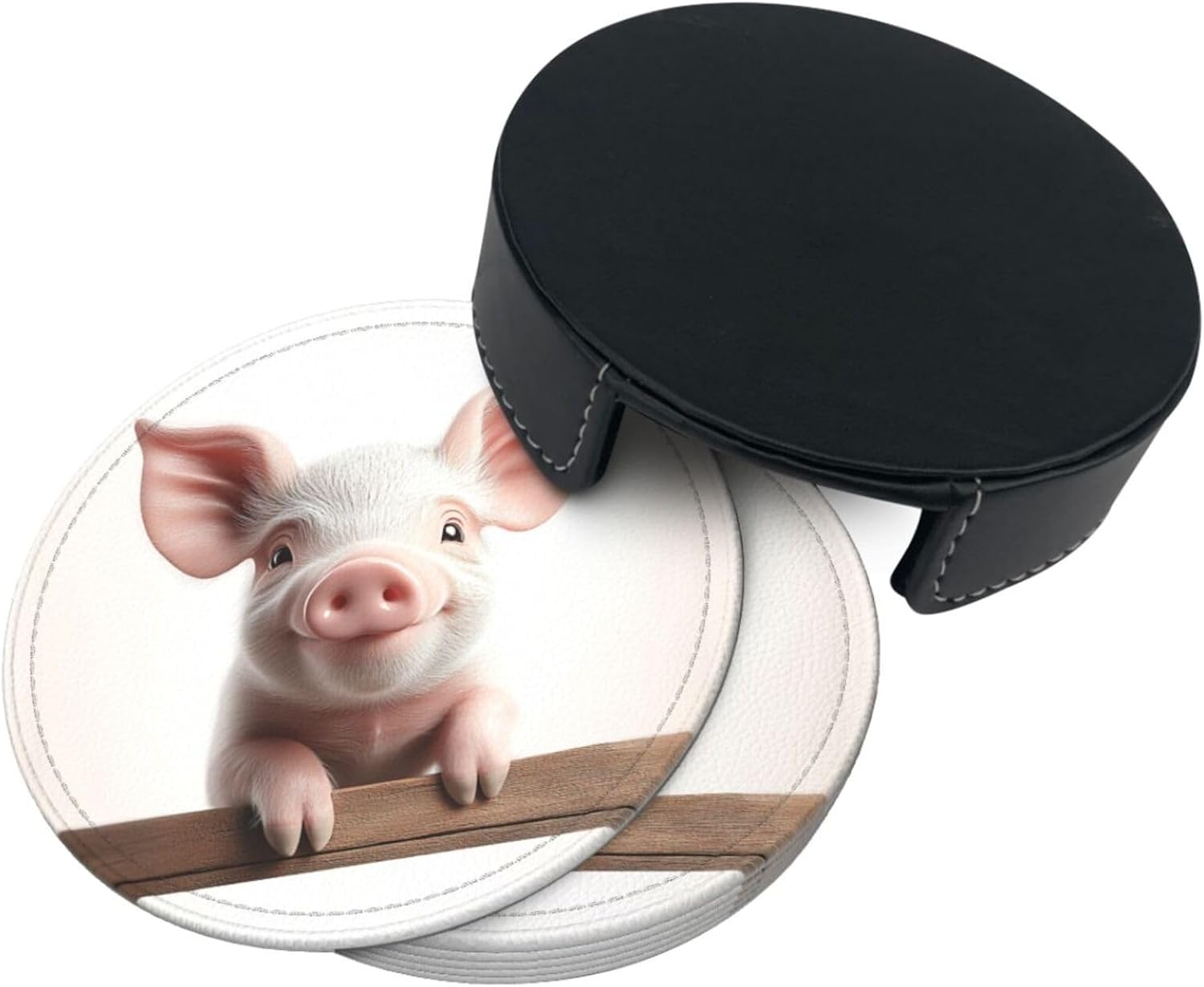 6 Pcs Pig White Leather Coasters for Drinks with Holder Round Mug Mat Table Desk Coasters Set Cup Coasters for Living Room Kitchen Coffee Decor