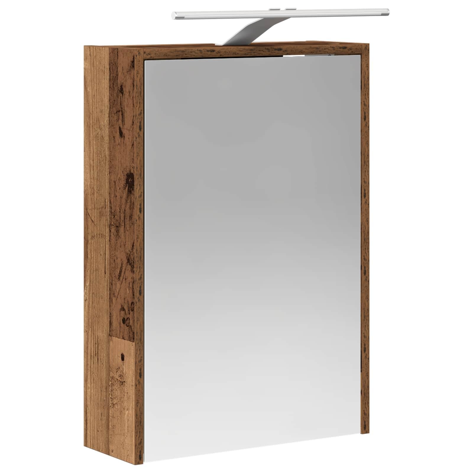 Mangloder Armadietto da bagno a specchio in legno anticato con strisce LED, 43 x 16 x 62,5 cm, montaggio a parete, specchio bidirezionale, 1 anta, 2 ripiani, portaoggetti per lavandino, bagno