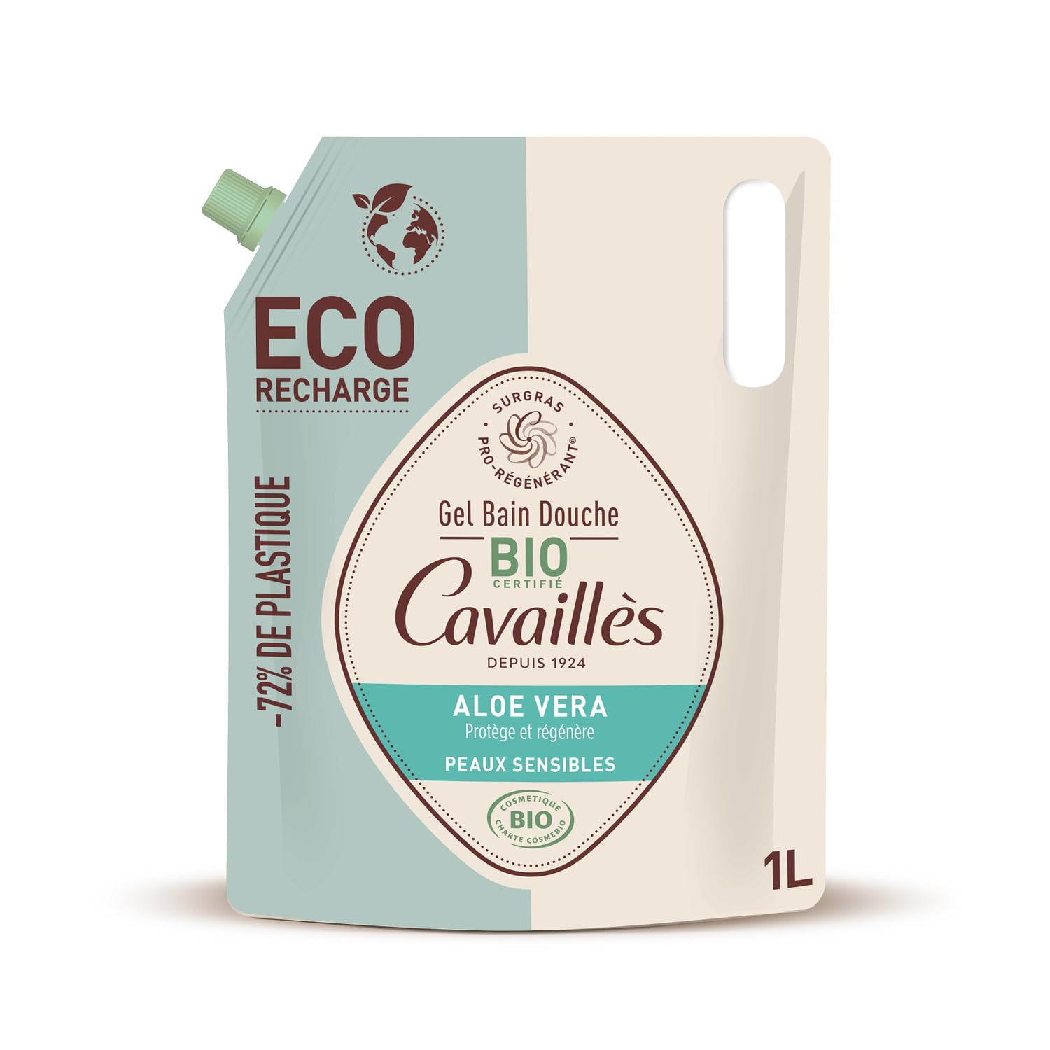 Protège et régénère les peaux sensibles avec ROGE CAVAILLES, gel douche surgras à l'aloe vera bio, format familial 1L - Lot de 2