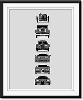 Bugatti Generations Inspired Poster Print Wall Art Handmade Decor of the History and Evolution of the Best of Bugatti (Type 35, Type 41, Type 57SC, EB110, Veyron, Chiron) (Unframed) (11x14" Print (Unframed), Metallic Paper, Dark Grey)