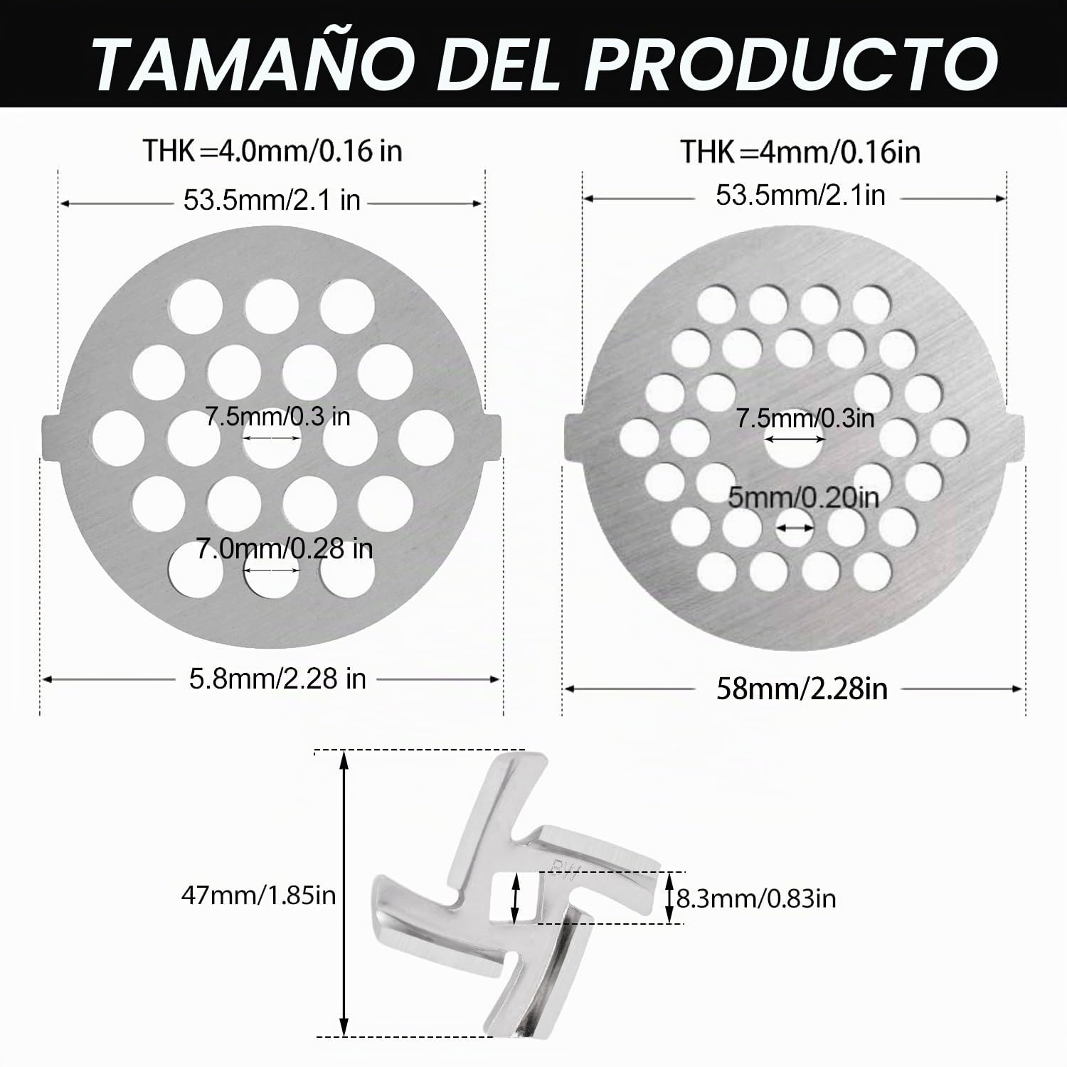 Tissting 4 Piezas de Cuchillas y Platos para Picadora de Carne - Accesorios de Acero Inoxidable para Moler Alimentos, Repuesto Compatible con Picadoras de 55mm