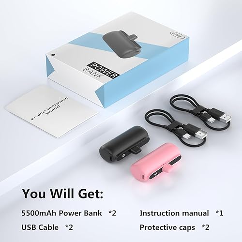 Miniatura 5 de Paquete de 2 cargadores portátiles de 5500 mAh para iPhone, cargador de teléfono portátil de viaje ultra compacto PD de carga rápida, mini banco de