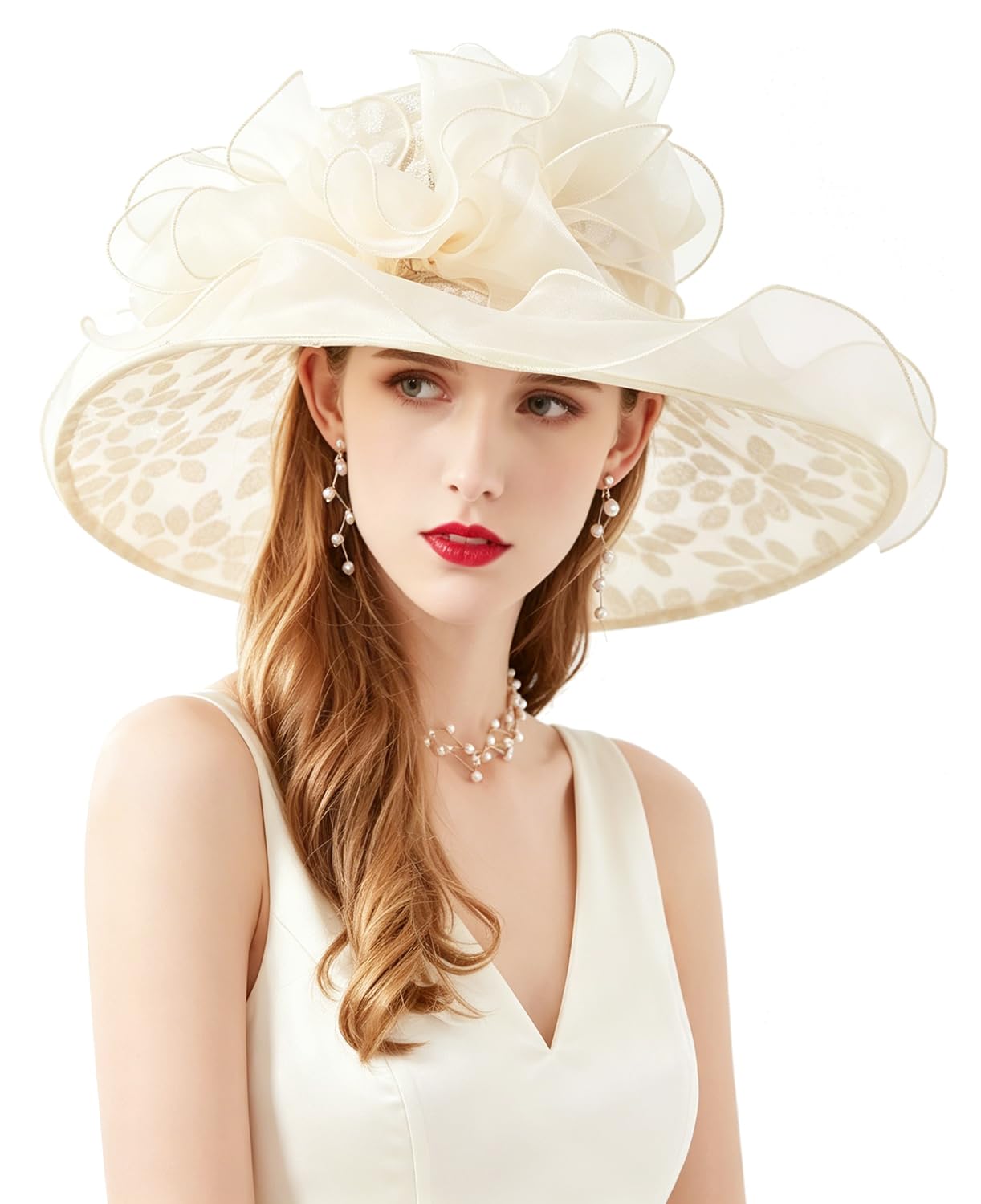 ELLYDOOR Women Derby Fascinator Hat Organza Church Wedding Hat Wide Brim Cocktail Tea Party Hat, G Beige, One Size