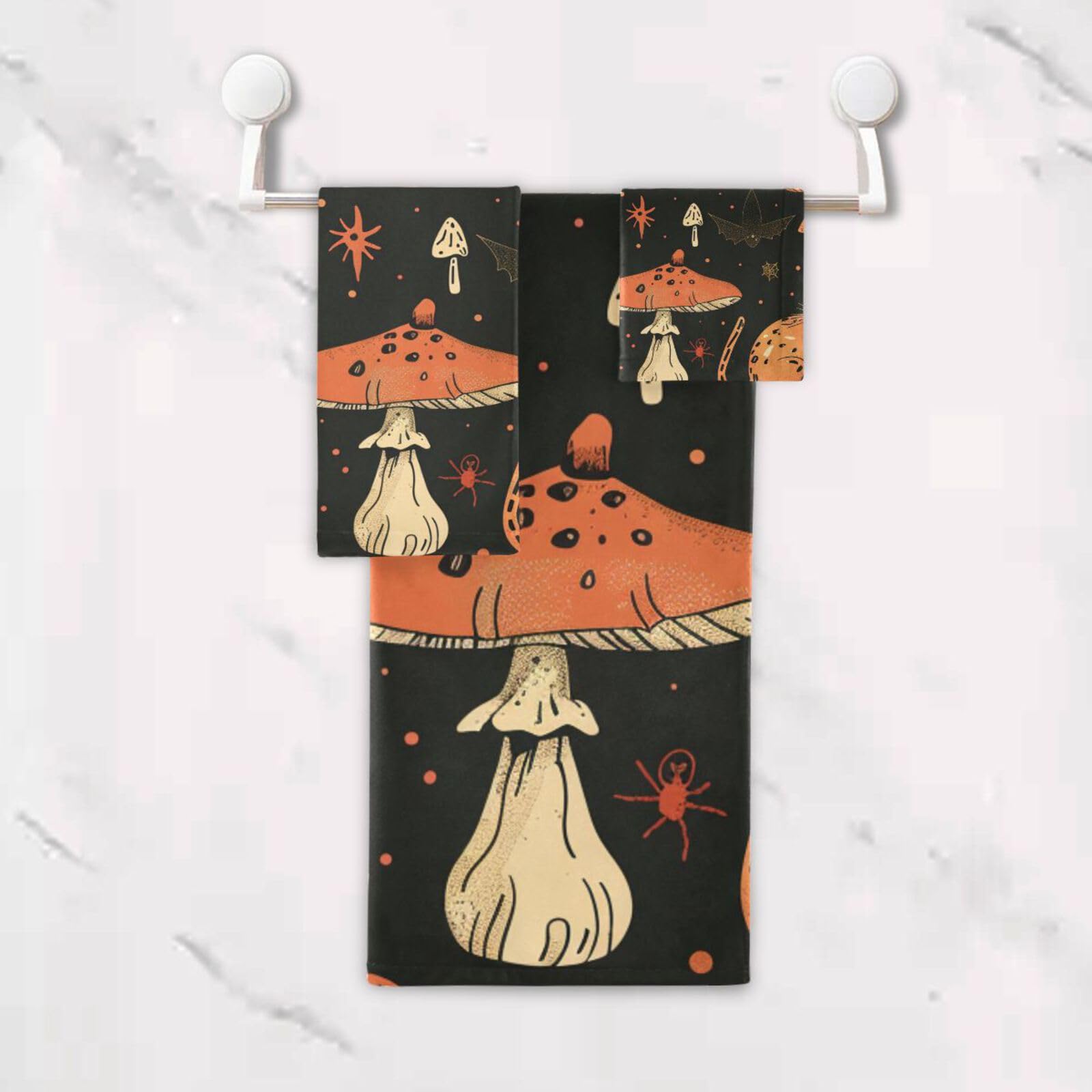 Set di 3 asciugamani per il viso ad asciugatura rapida con gatti, zucche, funghi, per Halloween, 3 pezzi, 1 asciugamano da bagno, 1 asciugamano per mani, 1 panno per la casa, cucina e famiglia