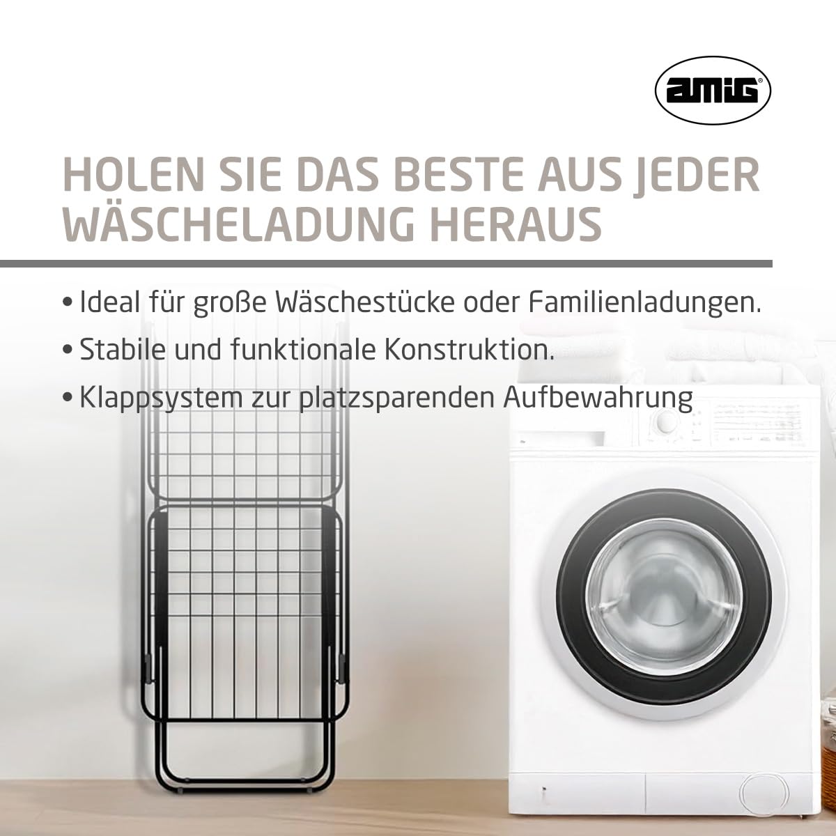 Amig - Klappbarer Wäscheständer mit Flügeln Mod. Aeria ZenRack - Robuster Stahl - Wäschetrockner - Einfacher Aufbau und Faltmechanismus - 18 m Trockenfläche - Maße 180x55x95 cm - Farbe Schwarz