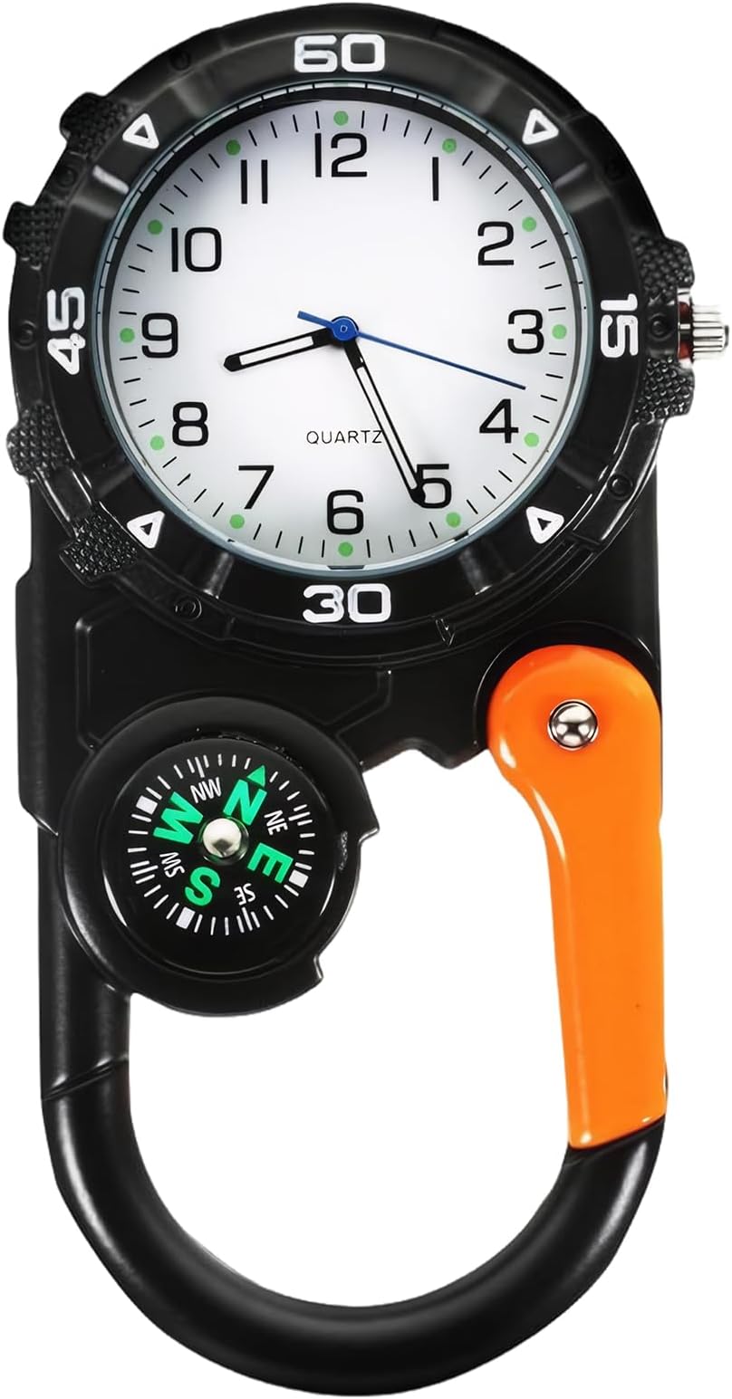Pocket FOB Watches Luminous Clip on Quartz Watch Compass Clip On Carabiner Watch Paramedics Watch Multifunctional Glowing Dial Quartz Watch Nurse Watches for Doctors & Climbing Sport