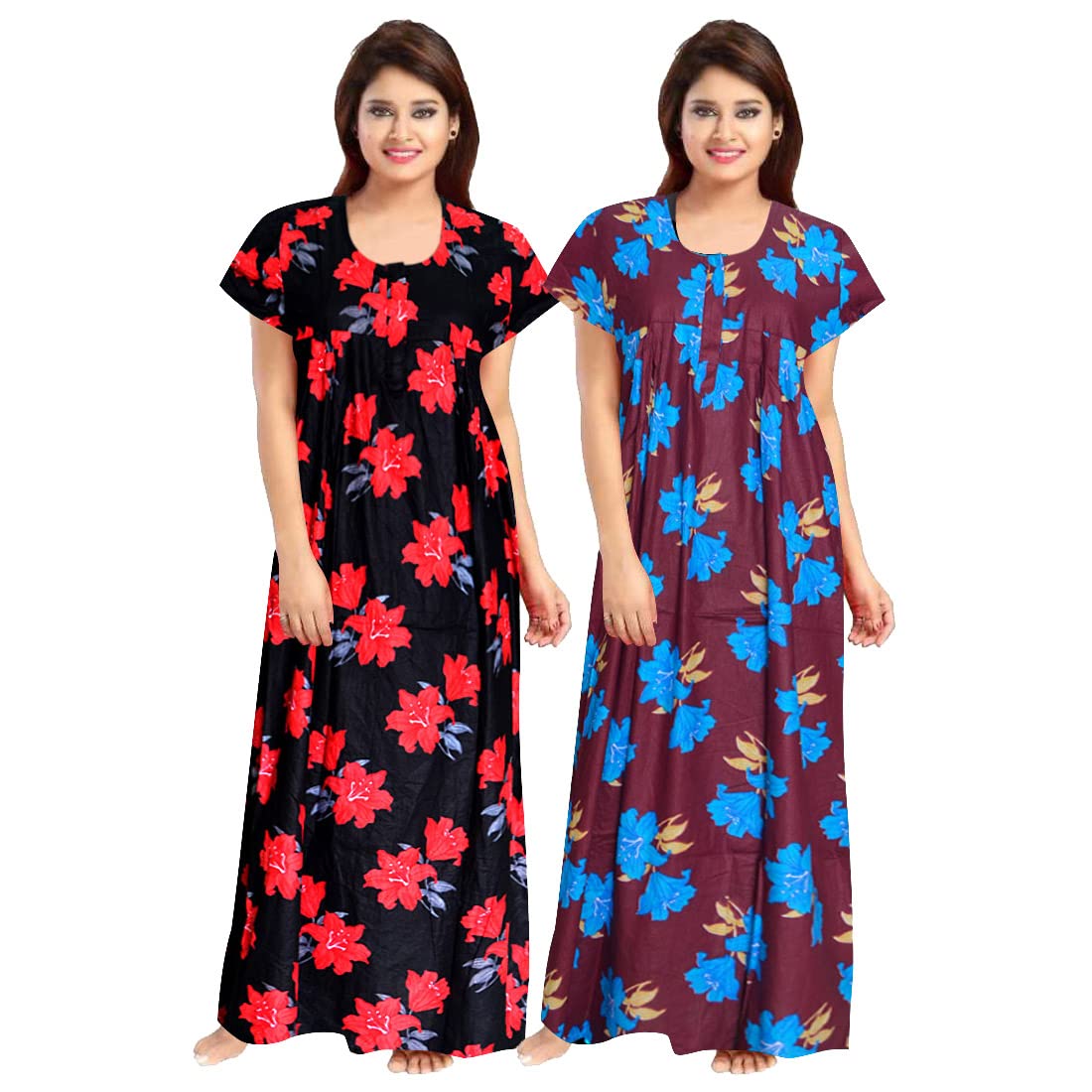 Mudrika Women's Printed Feeding/Maternity/Nursing Nighty/Night Gown/Night Dress/Nightwear with Zip (Free Size) (Pack of 2 Pcs) Multicolour