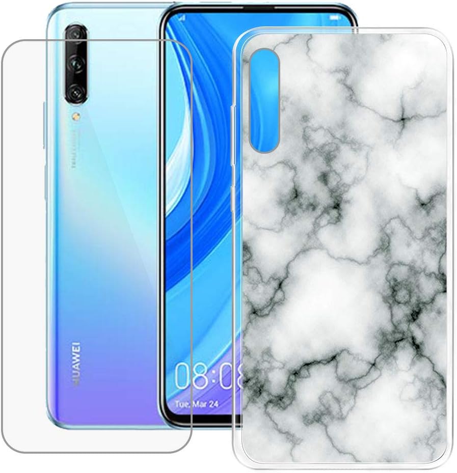 HHUAN Funda para Huawei Y9S + protector de pantalla de vidrio templado flexible suave transparente TPU mármol Shell silicona gel protector