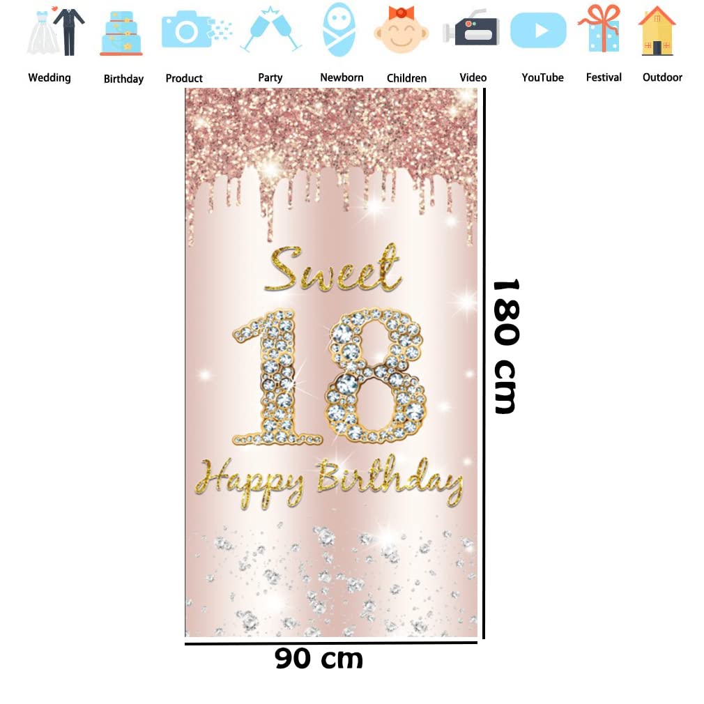 18. urodziny dziewczyna dekoracja, Door Banner Sweet 18 urodziny różowe złoto, materiał tabliczka 18. urodziny plakat z zawieszonym banerem, 18. urodziny banner dla dziewczynek dekoracja urodzinowa