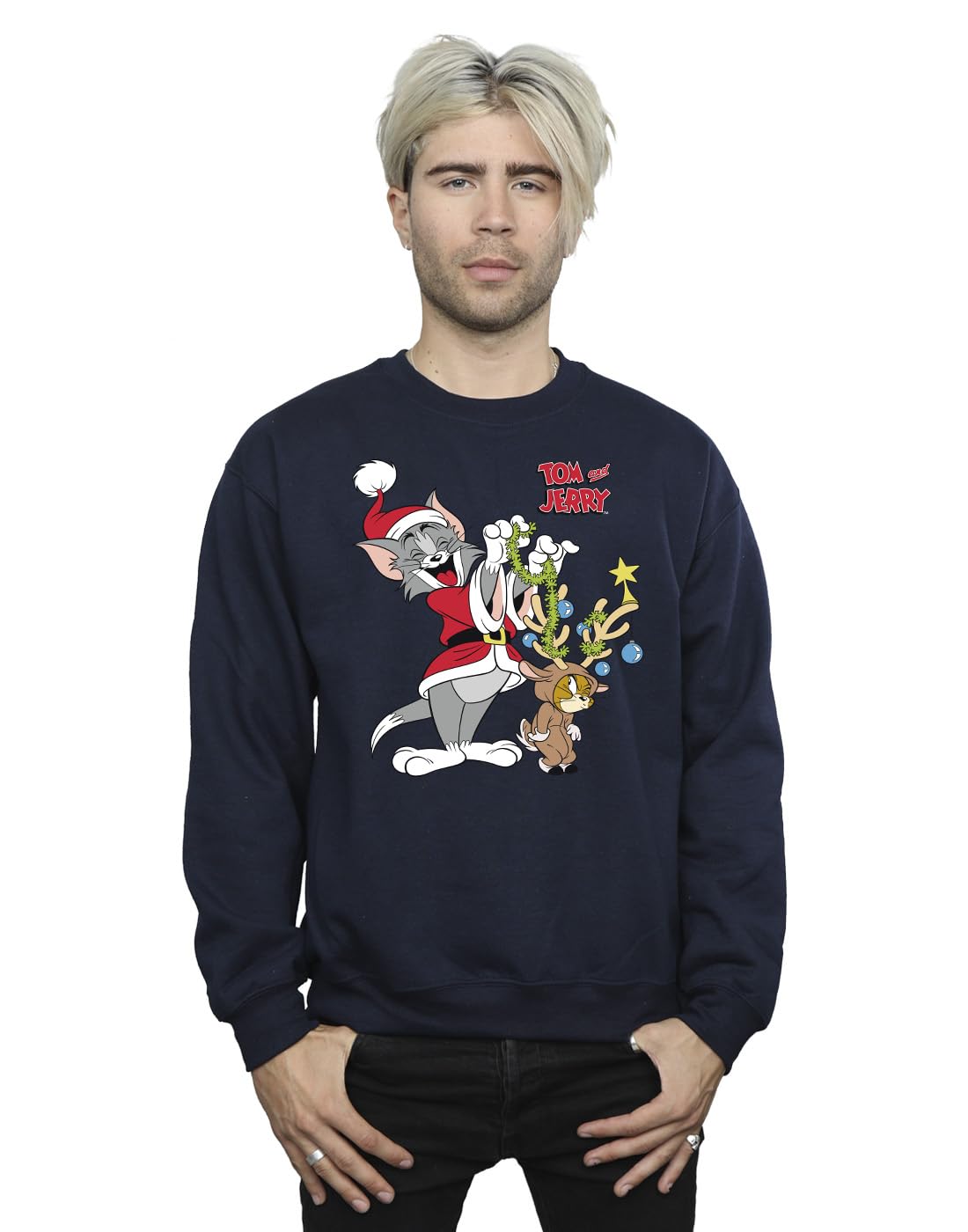 Absolute Cult Tom & Jerry Men's Christmas Reindeer Sweatshirt Navy Blue Large