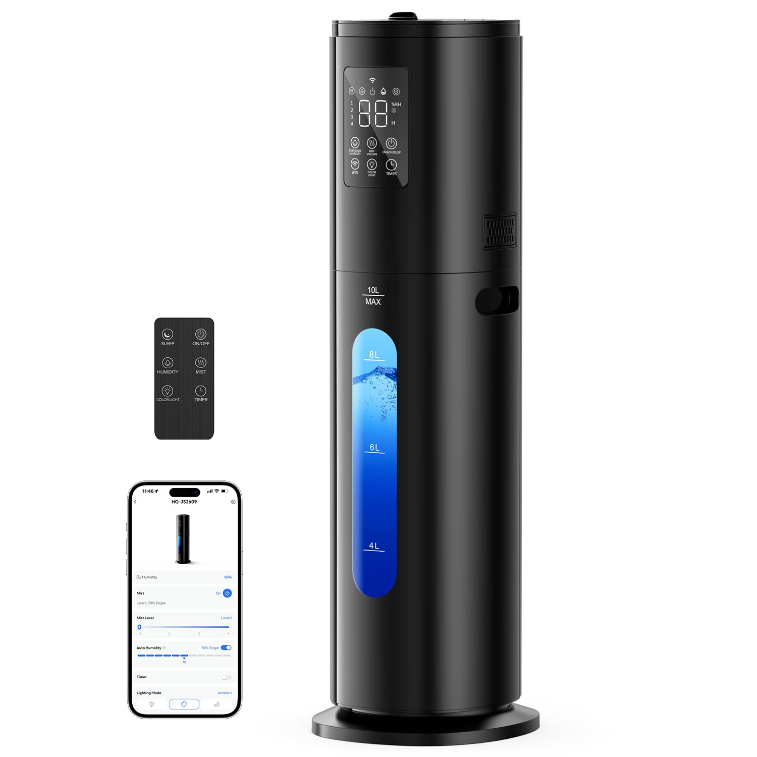 Humidifiers for Bedroom Large Room 10L Large Humidifier 600 ft²,Midnight | 85H Runtime,Smart App & Remote Control,35dB Quiet,Sleep Mode, Humidity Control,Oil Diffuser,Nightlight