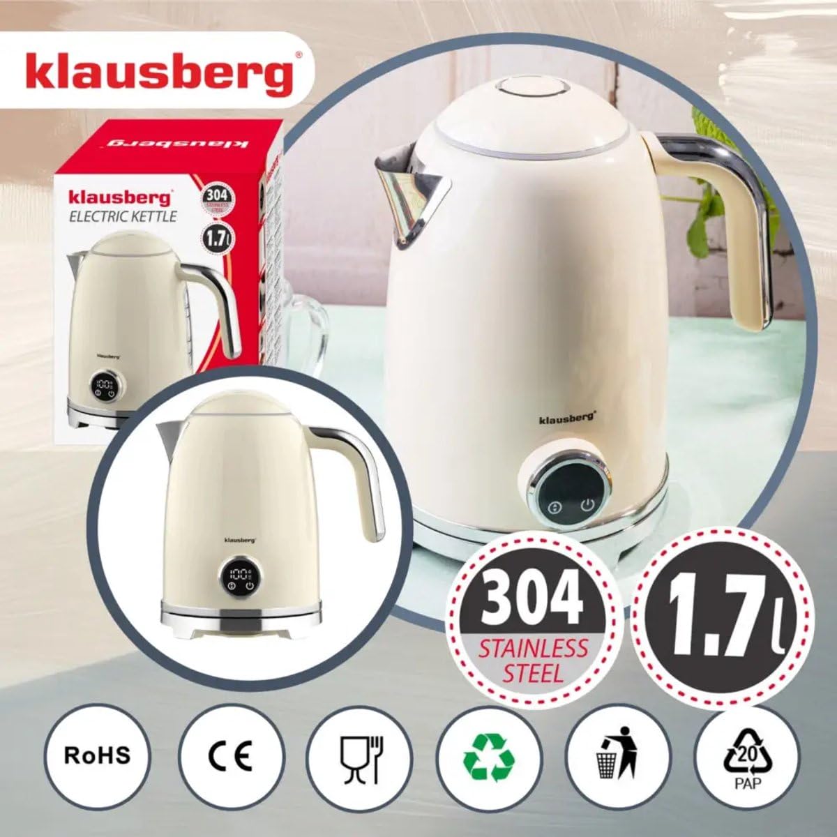 Klausberg czajnik elektryczny z regulacją temperatury i funkcją utrzymywania ciepła, 1,7 l, beżowy, ze stali nierdzewnej (304), 220-240 V, 2200 W
