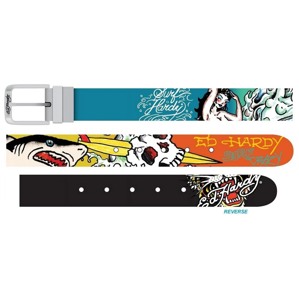 ED HARDY Men's Tattoo Print Graphic Twist Reversible Belt, Surf Crazy-white/Black, 34