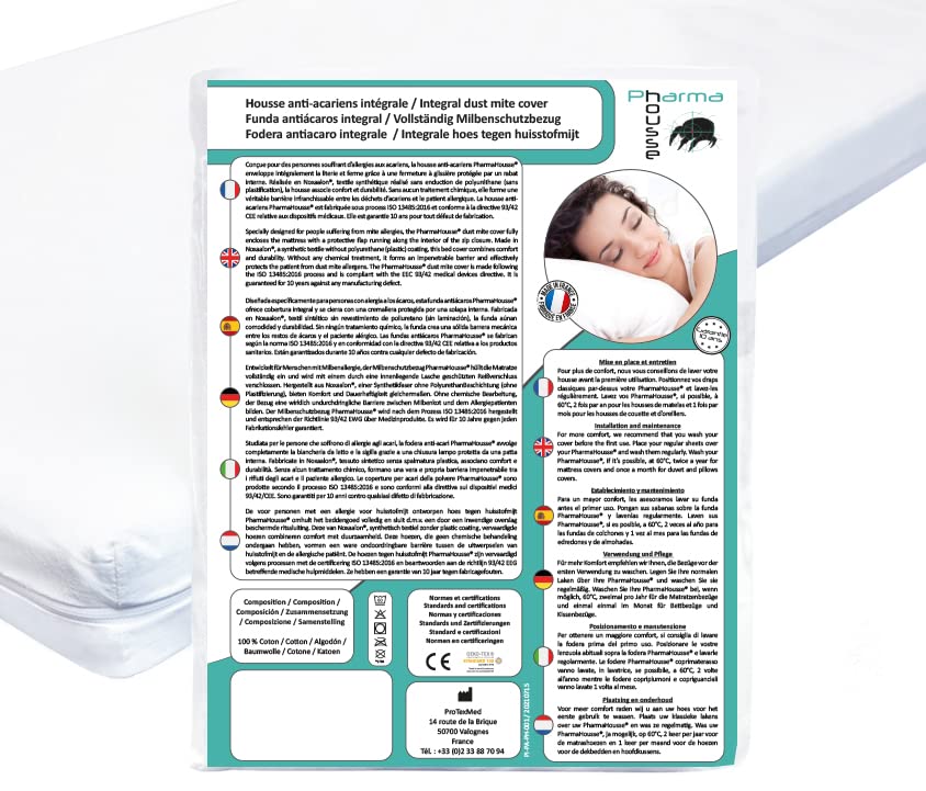 Pharma-Housse - Housse Anti-acariens intégrale pour Matelas - Dispositif médical - Garantie 10 Ans - Housse barrière sans Traitement ni plastification - Fabriquée en France