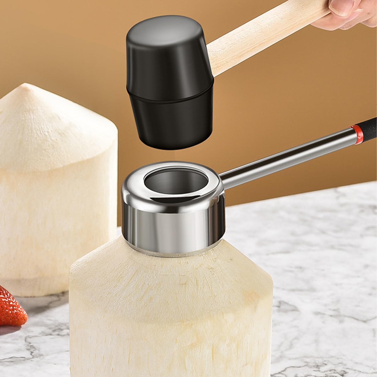 Set di 3 Attrezzi per Aprire il Cocco, Perforatore di Gusci di Cocco, Martello di Gomma con Manico in Legno, Tappetino in Silicone Antiurto