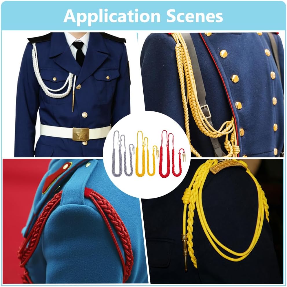 3PCS 3colors Shoulder Wire Cord Army Shoulder Aiguillette Wire Cord Traditional Military Honor Cords Shoulders Badge with 2 Tips for Uniform Cosplay Costume DIY Clothes