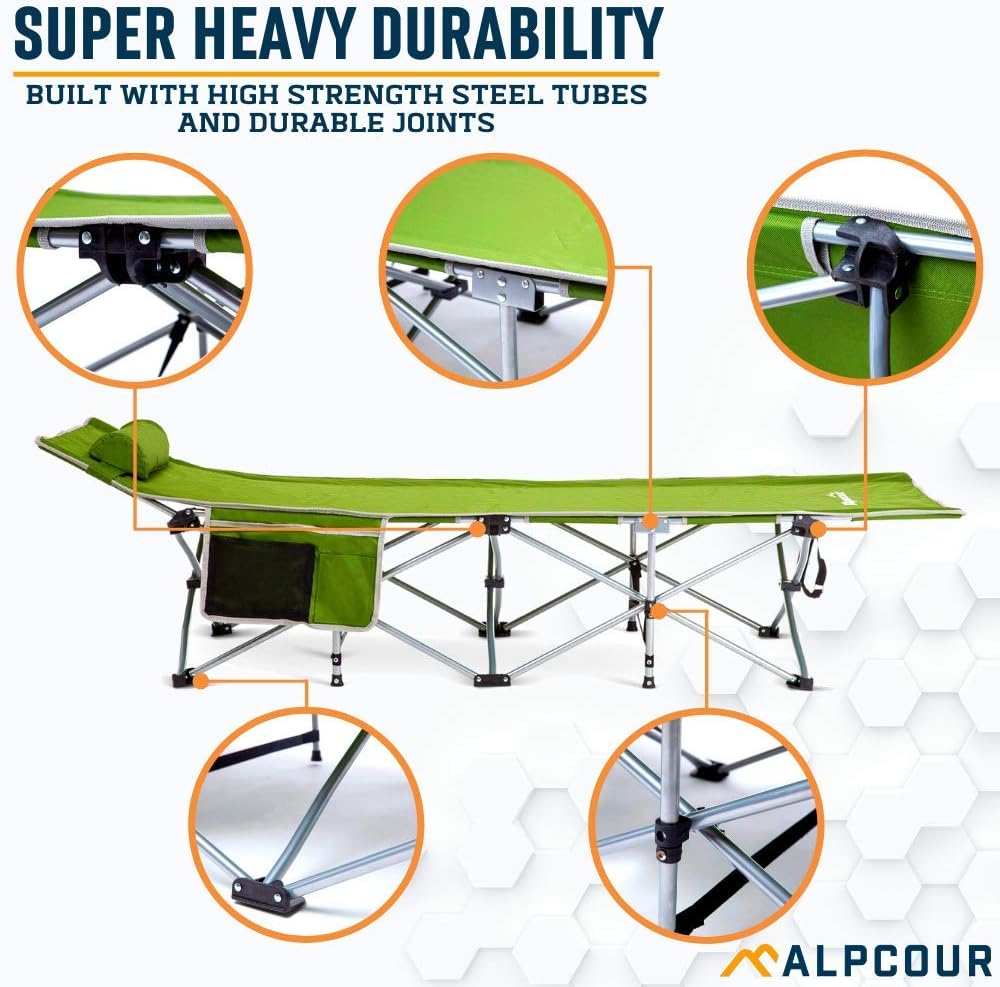 Alpcour Folding Camping Cot – Deluxe Collapsible Single Person Bed in a Bag w/Pillow for Indoor & Outdoor Use – Ultra Lightweight, Comfortable, Heavy Duty Design Holds Adults & Kids Up to 300 Lbs
