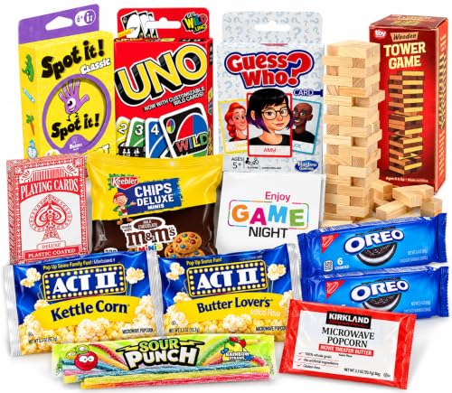 The Ultimate Game Night Gift Baskets for Family, Kids, Teens & Adults | Playing Cards & Snacks & Candy Gift Box for Teenage Birthday | Great Family Games & Movie Night or college, care package