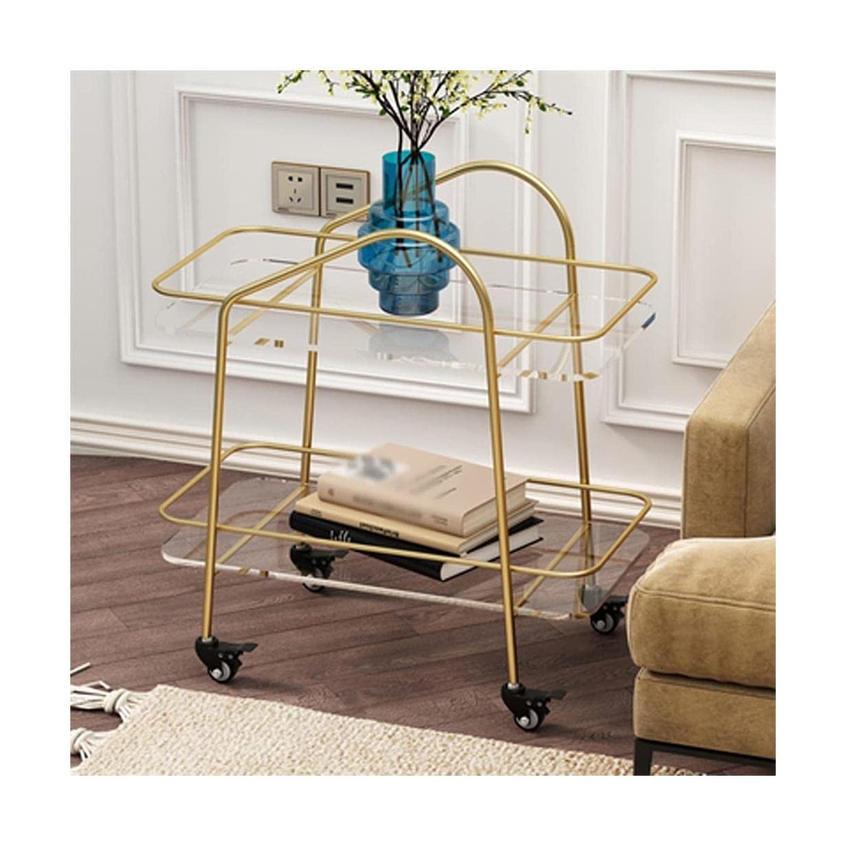 GeRRiT Movable Trolley End Tables 2 Layers Small Trolley Movable Coffee Table Sofa Side Table Glass Corner Table Storage Shelves for Living Room Bedroom Movable Dining Car
