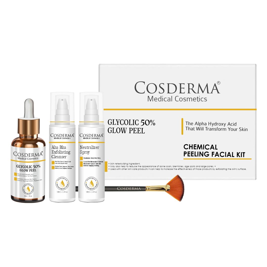 Cosderma Professional Facial Peeling Solution Kit | Includes AHA Cleanser, Neutralizer & Applicator Brush | 230ml | Salon-Grade Skin Exfoliation & Brightening (Glycolic 50%-230ML)
