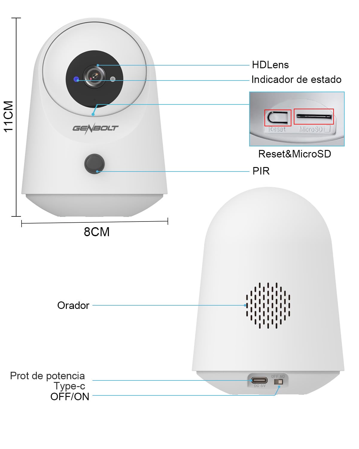 GENBOLT 2K WiFi para Interiores Cámara de Seguridad, cámara para Mascotas | Panorámica e inclinación, alimentada por batería de 5000 mAh, detección PIR