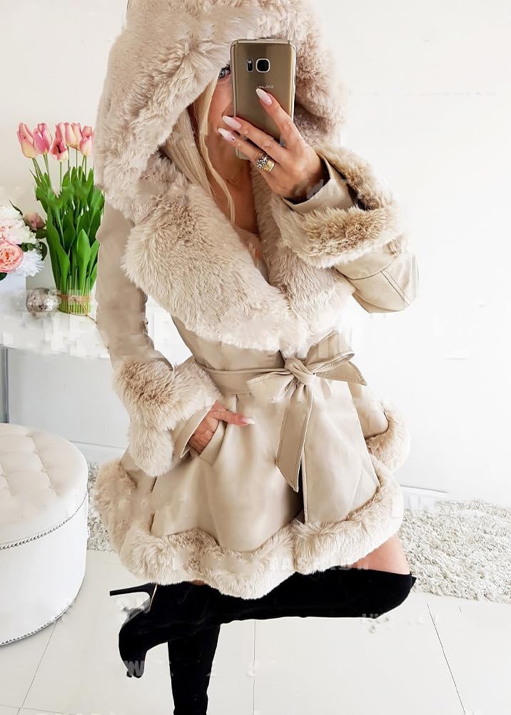 ORANDESIGNE Damen Kunstlederjacke Mantel Kurzer Parka Mantel mit Fellkragen Vorne offener Plüschkragen Warme Strickjacke Langer Trenchcoat mit Gürtel Outwear