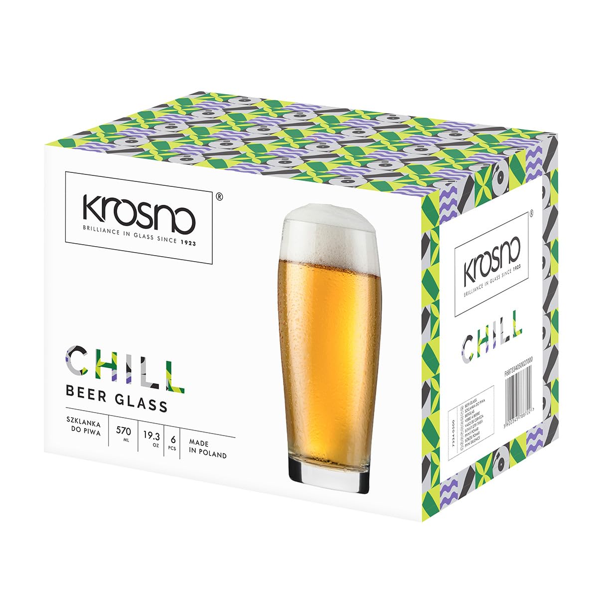 Krosno – Biergläser 570 ml (Nutzvolumen 500 ml) – 6er Set – Chill Kollektion – Klassische Form, Dickes Glas, Bleifreies Kristallglas