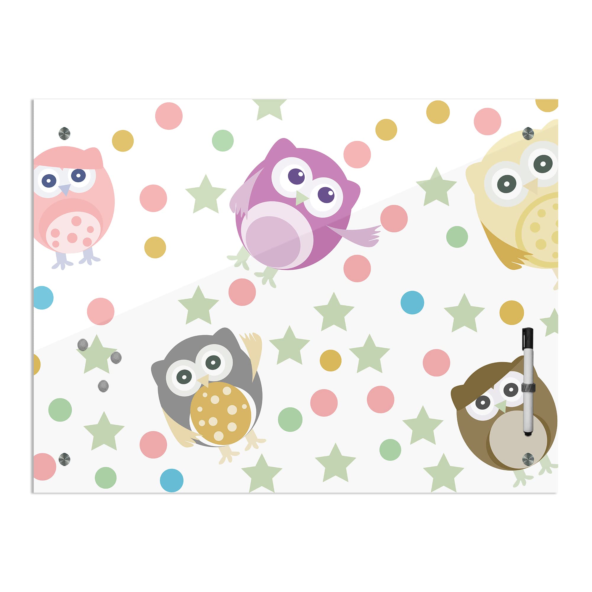 Tableau mémo 80 x 60 cm | Motif enfant | Chouettes multicolores | Tableau magnétique en verre lavable avec support magnétique | dans différents designs | 1330b