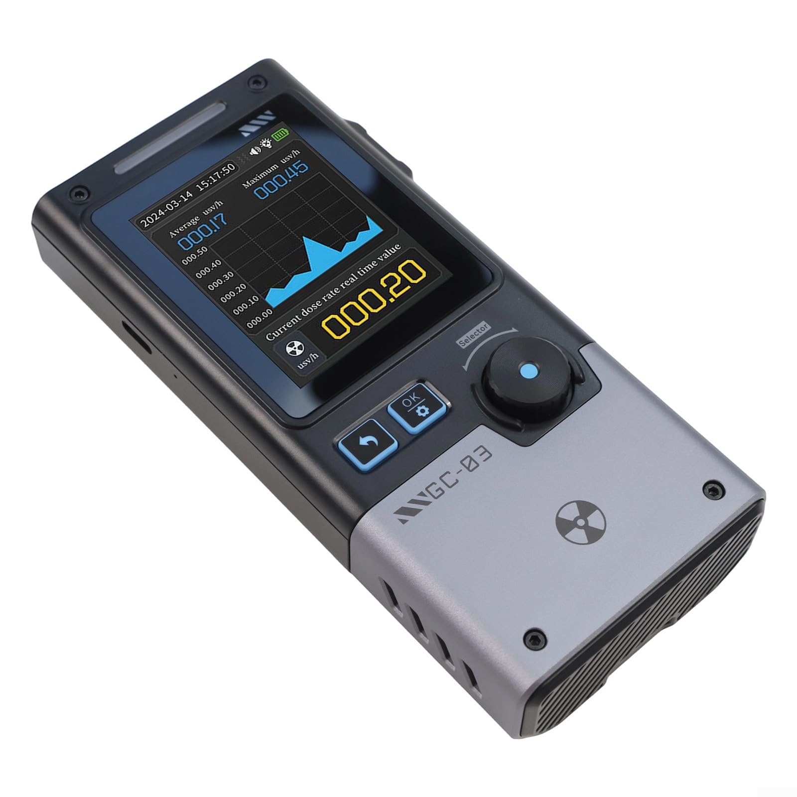 GC-03 Multifunktions-Nuklearstrahlungsmessgerät mit einstellbarer Helligkeitsanzeige und Licht-/Vibrations-/Sound-Alarm-Modi (schwarz)