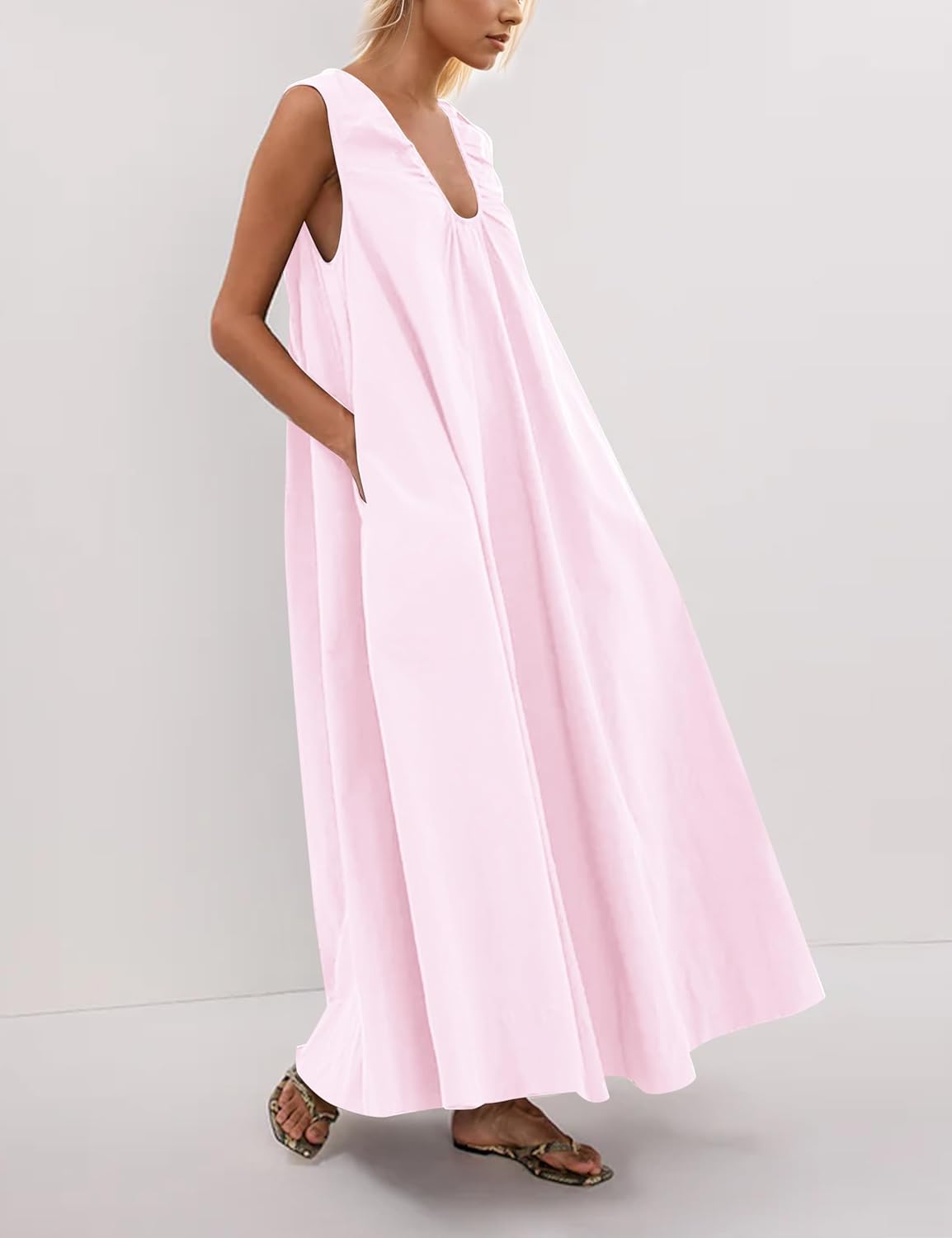 Women Sleeveless Ruched Maxi Dress Scoop Neck Long Elegant Dresses Wide Shoulder Strap Blouse Dress with Side Pockets Pink - Image 2