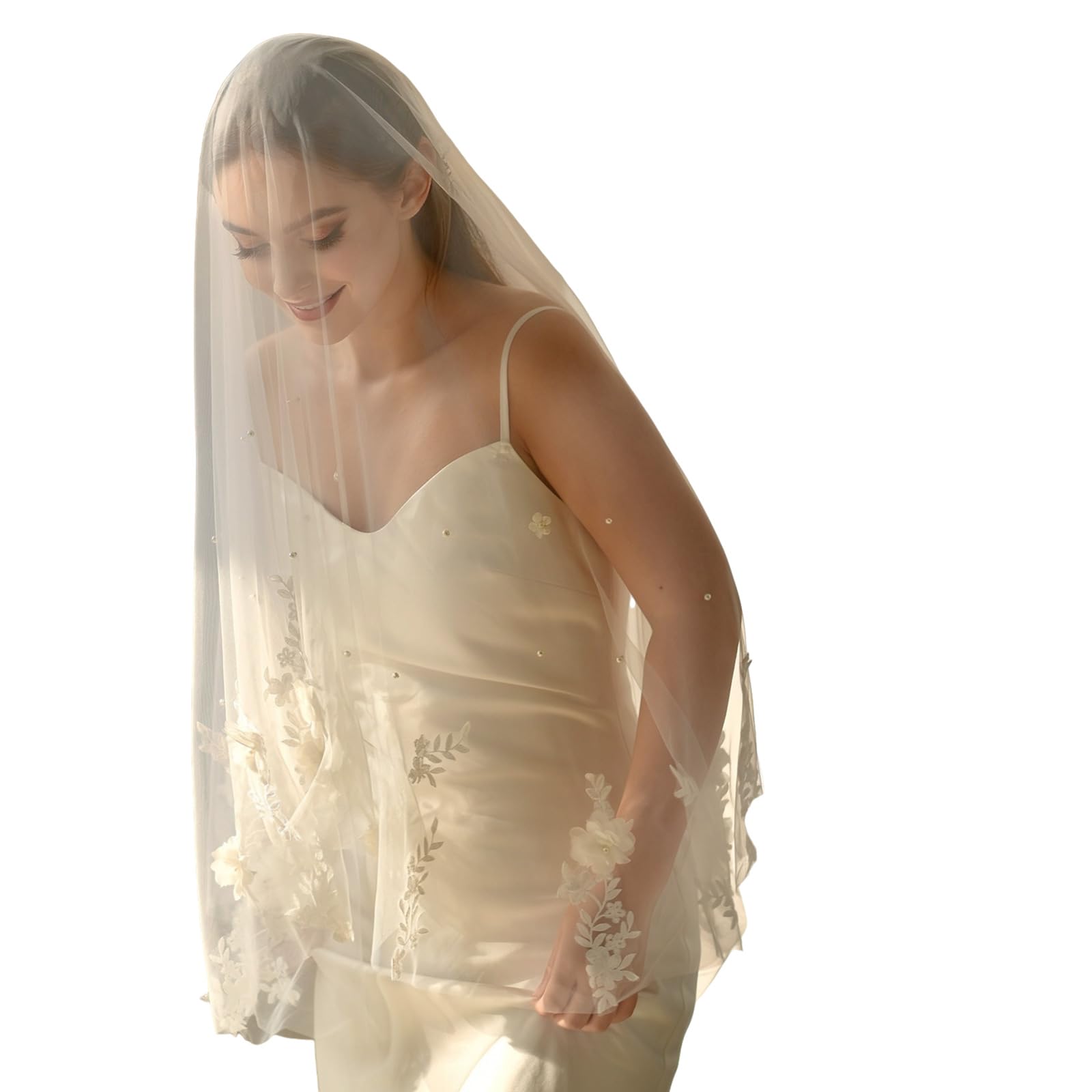 Velo de novia bordado con perlas cómodas y encaje blanco de boda 7