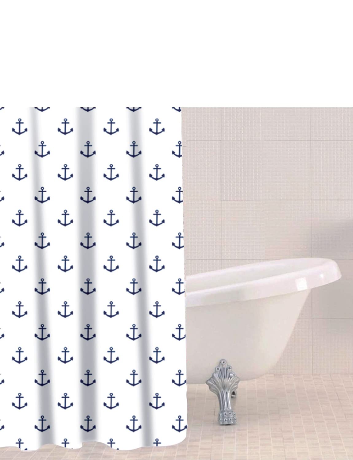 Sabichi Peva Shower Curtain - Mould And Mildew Resistant - 180 x 180cm Waterproof Shower Curtain - Anchor Patterned - Easy To Clean - Bpa Free - Includes 12 Plastic Hooks