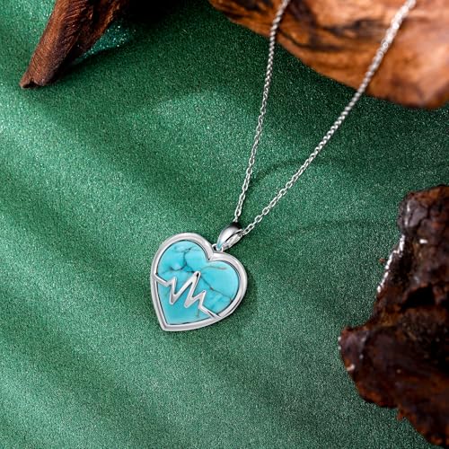 Heartbeat Turquoise Necklace 925 Sterling Silver Genuine Turquoises Heart Necklace Western Nature Gemstone Turquoise Jewelry Gifts for Women2
