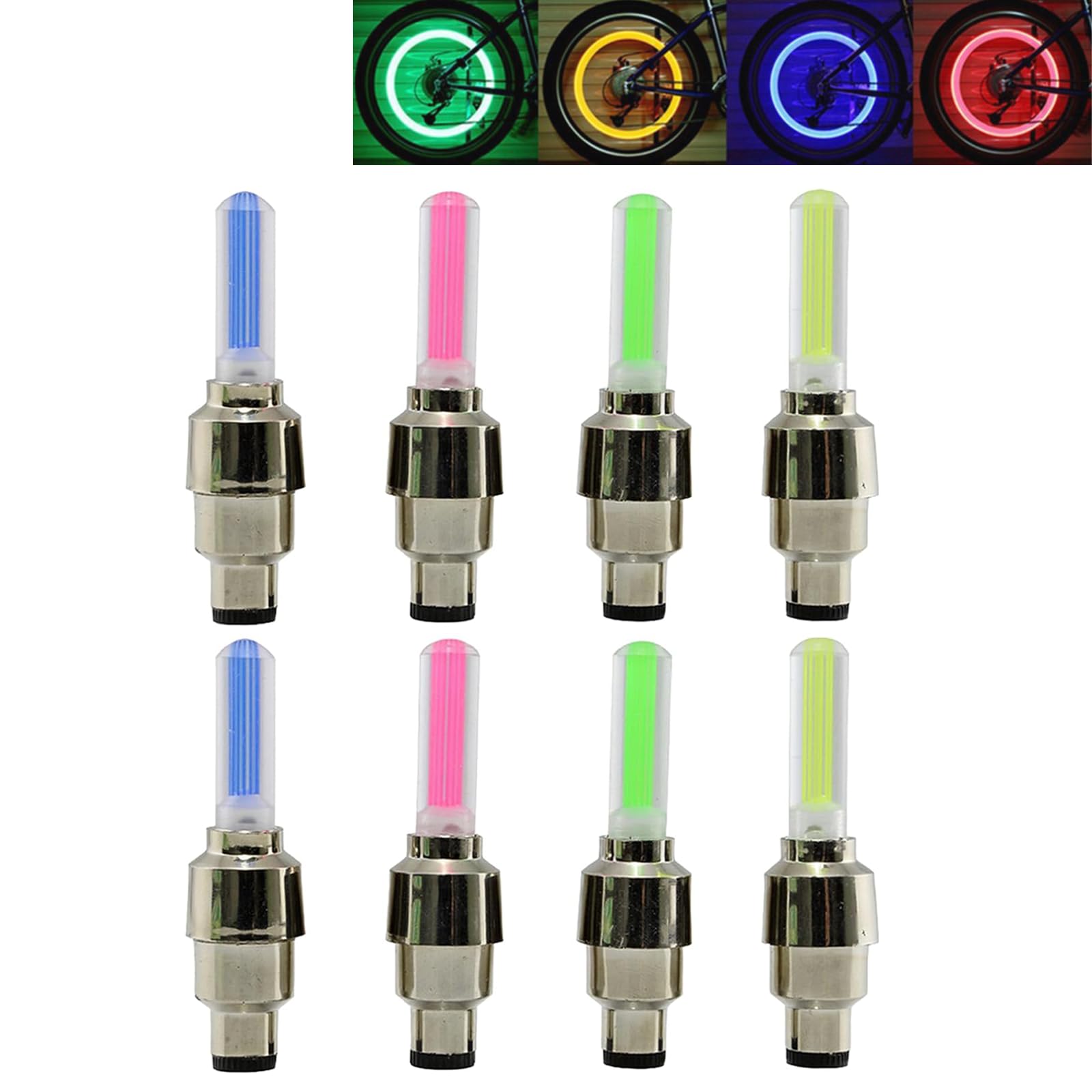 8 PCS LED Bike Wheel Light, Value Cap Light Waterproof Bicycle Wheel Neon Lamp Shockproof Tire Light for Car,Bike,Bicycle,Motorbicycle,With Battery(Green,Red,Blue,Yellow)