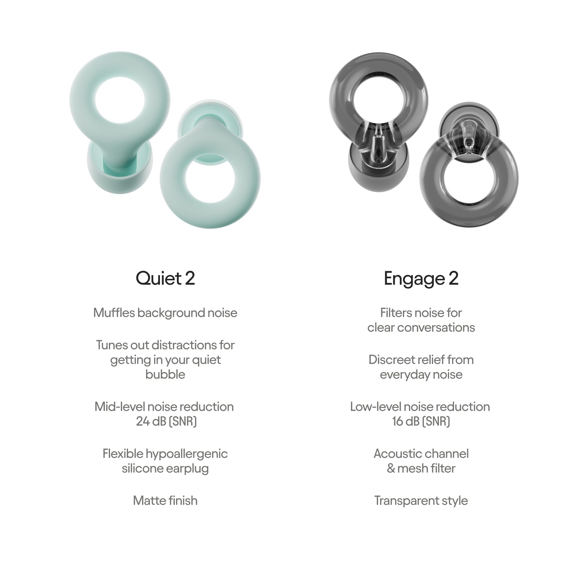 Loop Earplugs, coffret Au Quotidien (lot de deux) – Quiet 2 + Engage 2 | Bouchons d’oreille réutilisables pour le sommeil, la concentration, la sensibilité au bruit