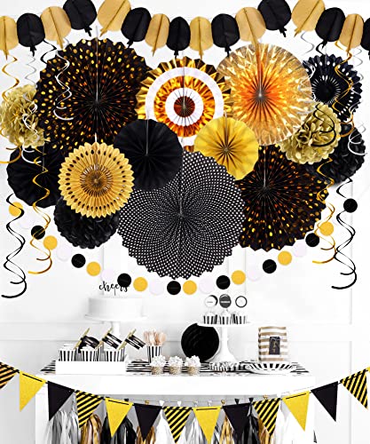 Image of Moon Boat 35PCS Party Decorations Paper Fan Hanging Set - Birthday,Graduation,Baby Shower,Wedding,Retirement,Black and Gold Decor（Black）
