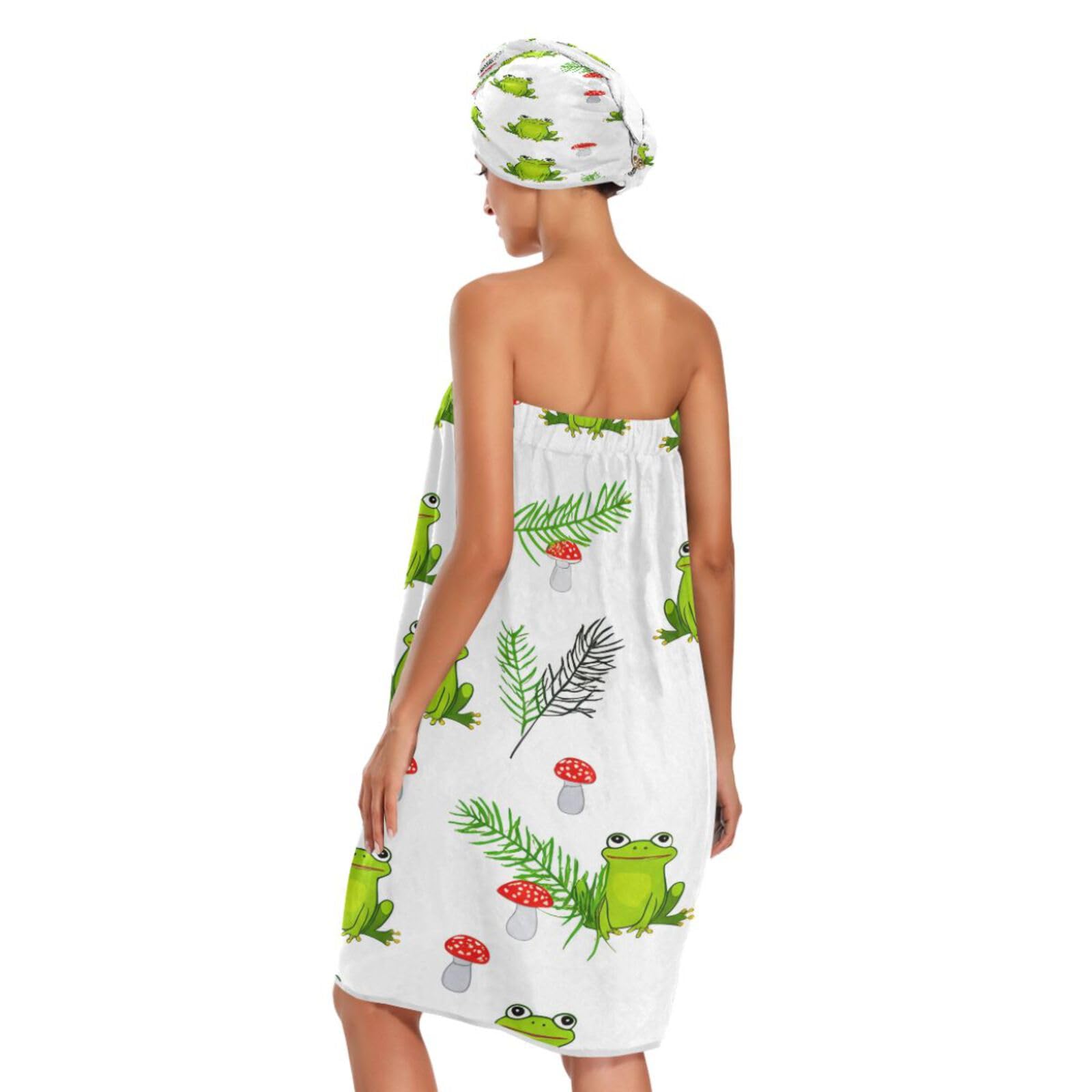 Bulletgxll Playful Frogs Women's Shower Wrap Towel Set of 3 Adjustable Spa Body Wrap Super Absorbent Bathrobe with Hair Towel & Headband