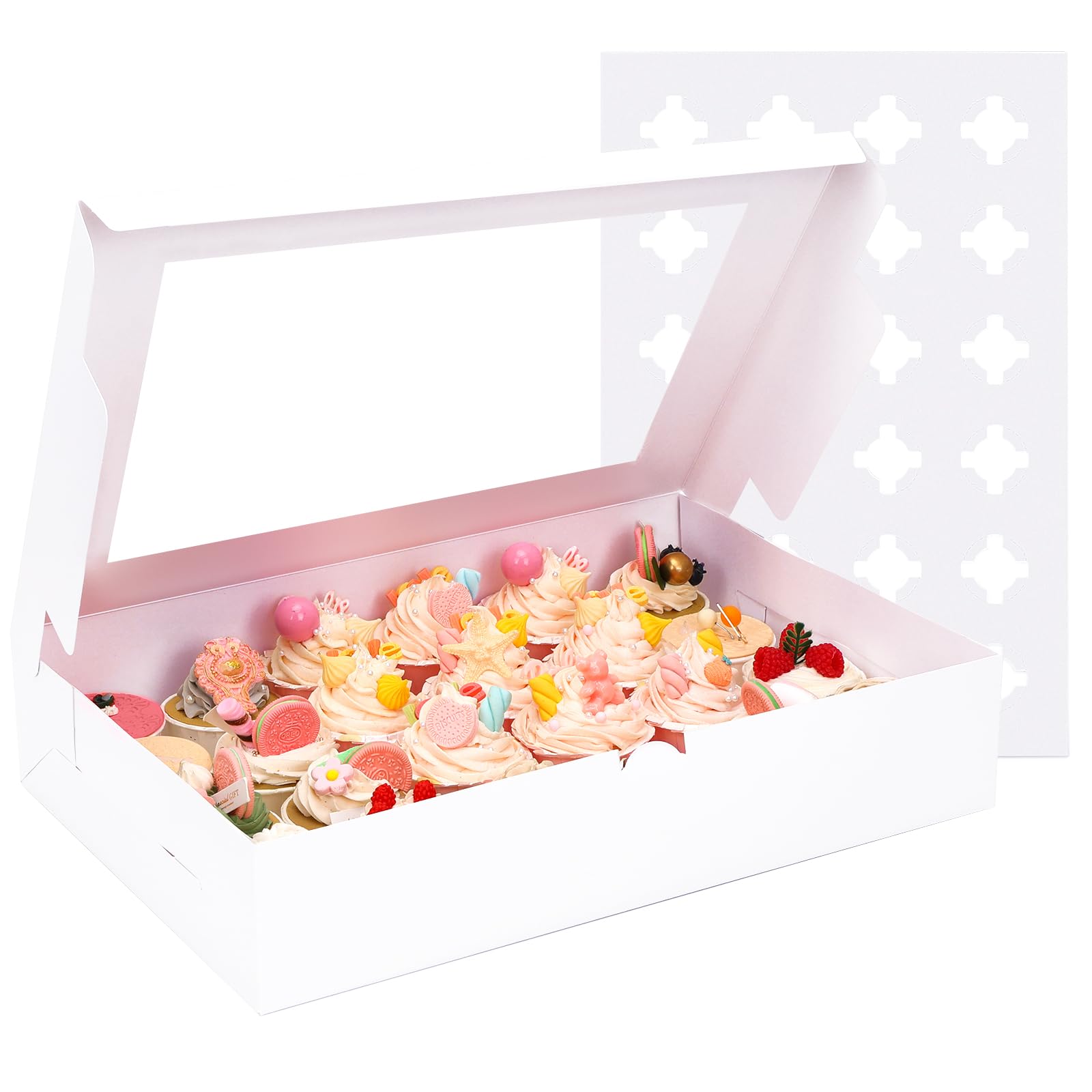Photo 1 of Moretoes 5pcs 17in Cupcake Box with Window Large Cupcake Container 24 counts, White Bakery box for Pastry Cake Cookies Donuts Muffins Desserts Packaging