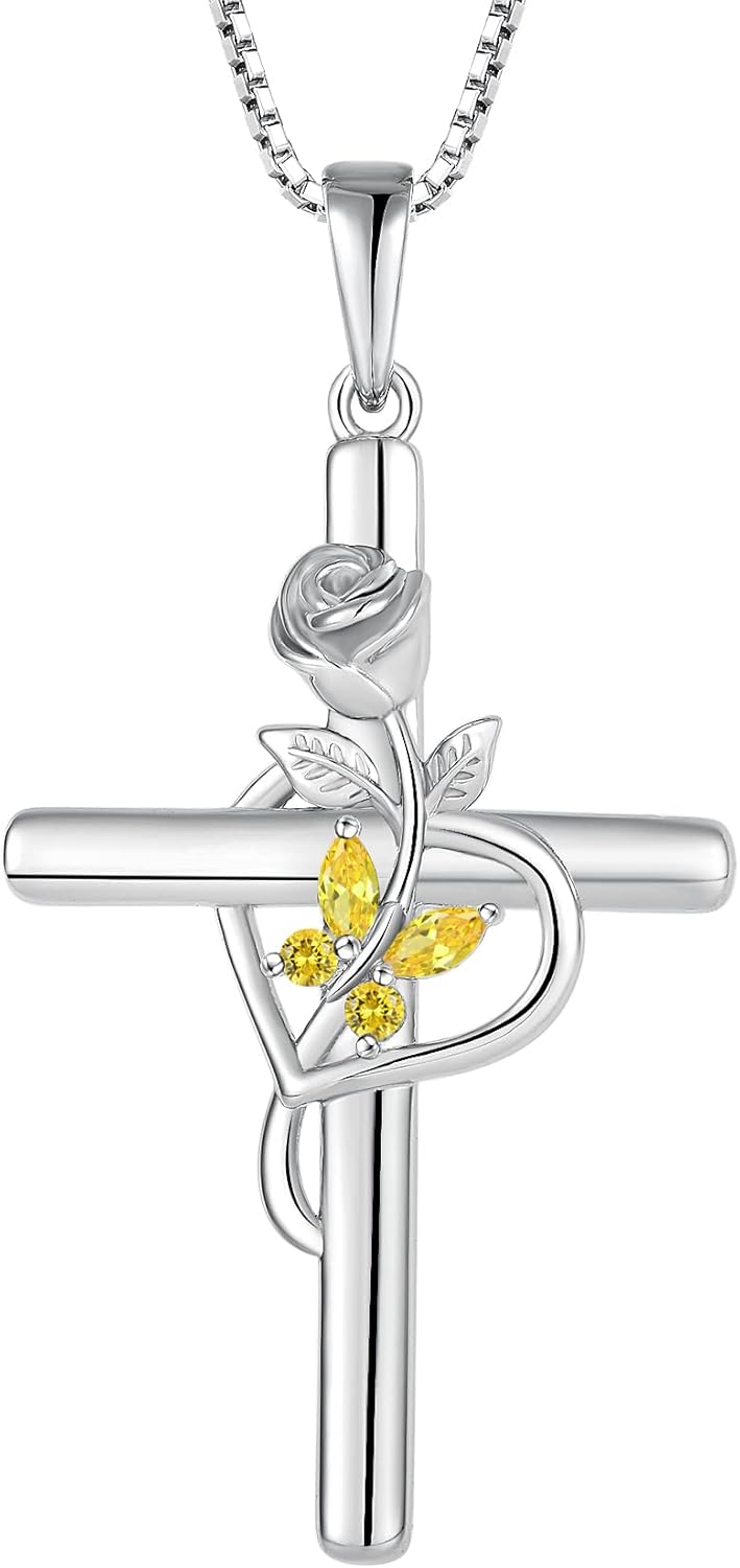 Butterfly Cross Necklace for Women 925 Sterling Silver Rose Flower Pendant Birthstone Created Gemstone Jewelry for Women Wife Mother Daughter Her