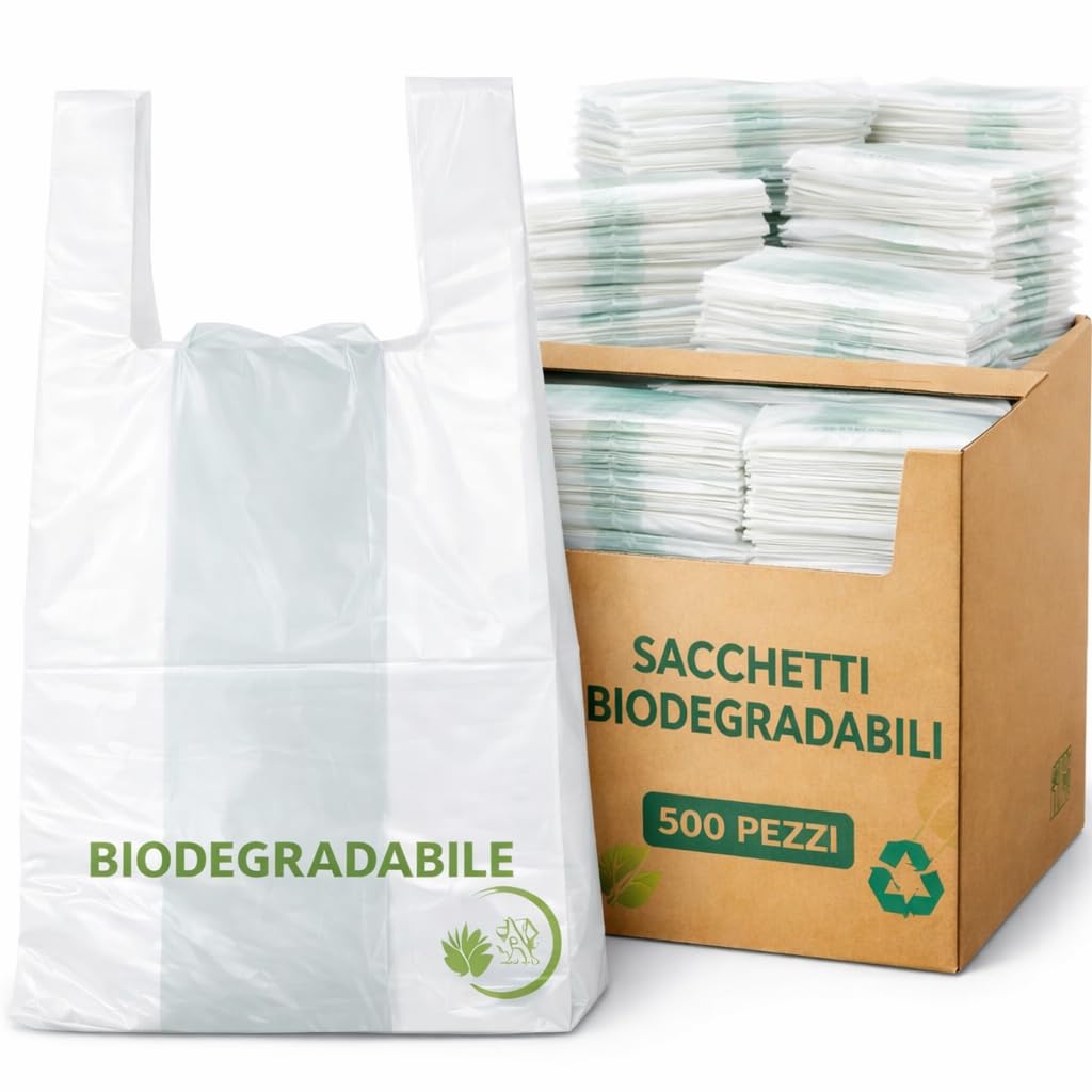 SOLEPLASTIC 500 Sacchetti Spesa Biodegradabili con Manici 28 x 50 cm, SOFFIETTO 7 CM, Borse Spesa da 6,5 g, in Scatola con Dispenser, per Casa e Attività Commerciali, E Non Solo