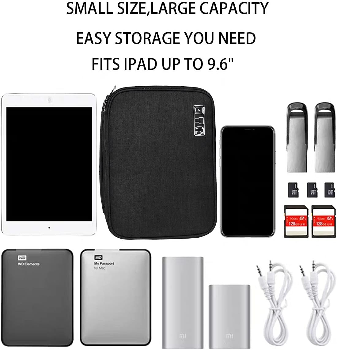 Electronics Organizer, Electronic Accessories Double Layer Travel Cable Organizer Cord Storage Bag for Cables, iPad (Up to 9.7''), Charger, Phone, USB, SD Card(Black)