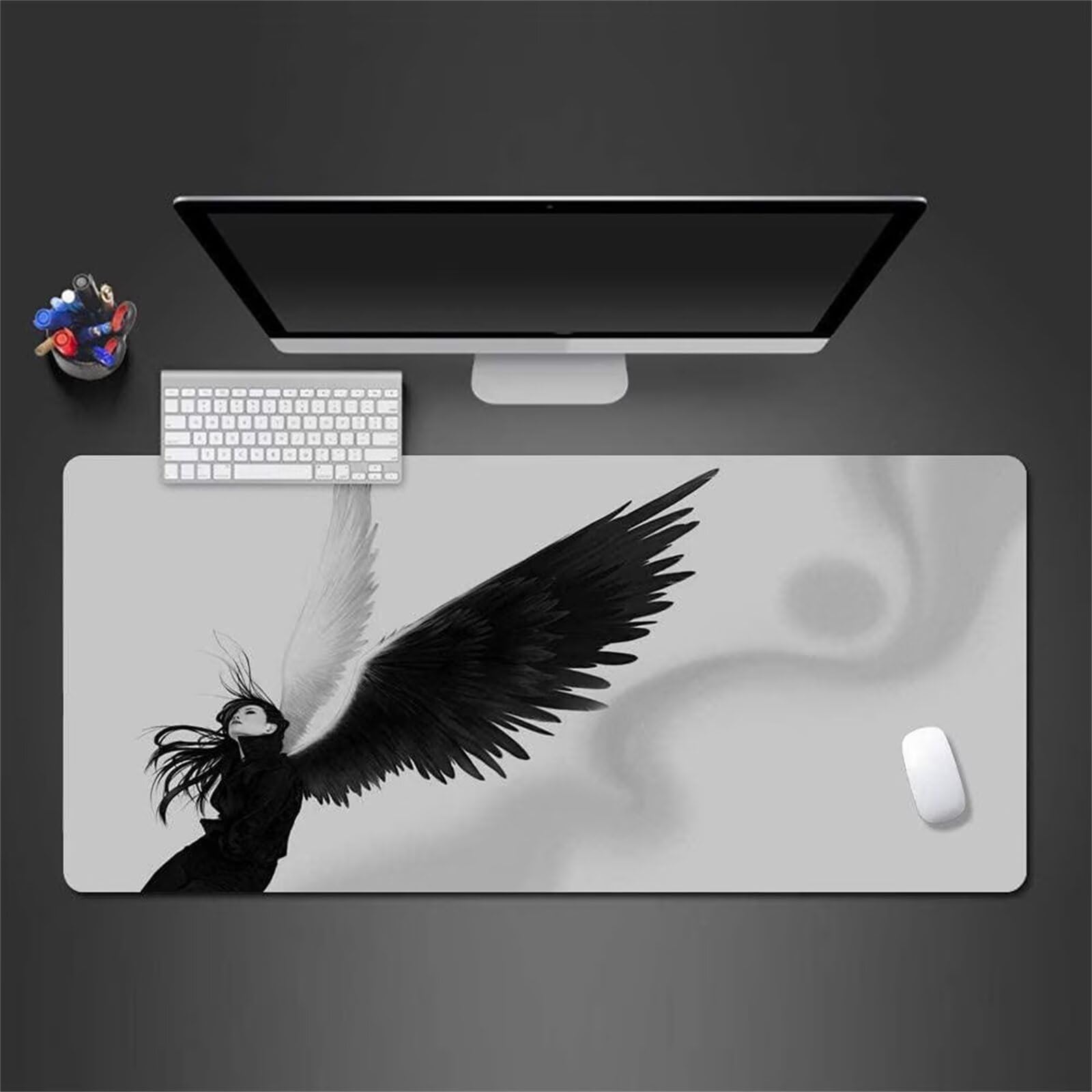 Tapis de Souris Gaming XXL 1200x600x2mm,Fille ailée Noire et Blanche,Grand Tapis de Bureau Lavable Antidérapant à Bords Cousus,sous-Main pour Clavier et Souris Ordinateur PC Gamer