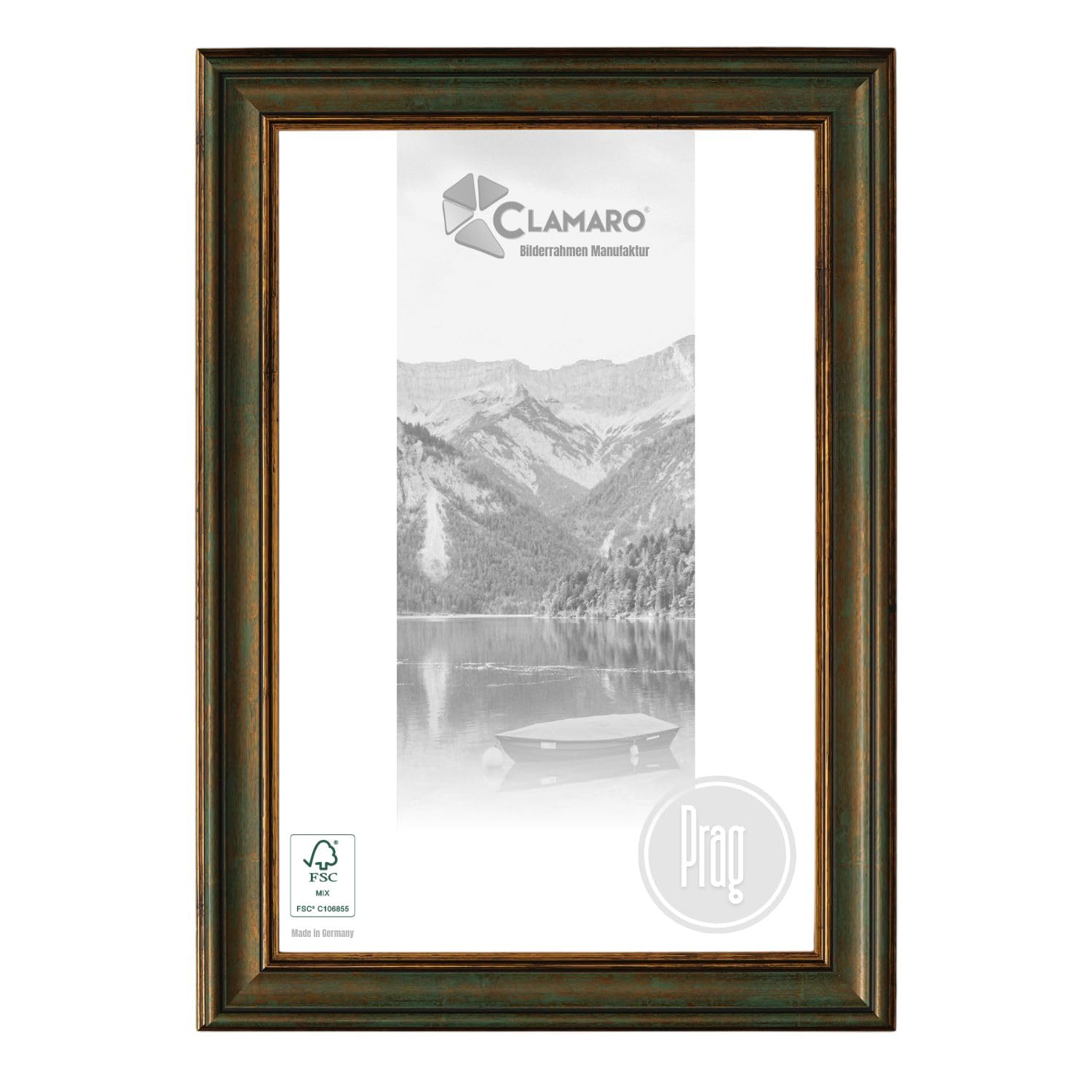 CLAMARO 'PRAG' Bilderrahmen Antik 35x65 Massivholz | Bronze Grünspan | 60 mm breite Shabby Chic Vintage Barock Leiste | Holzrahmen inkl. Acrylglas, Rückwand, Metall Aufhänger