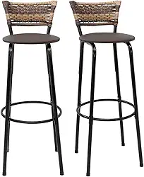 Kit 2 Banquetas Altas 80cm Estrutura Preta Encosto Junco Cappuccino Ideal P/Bancada Cozinha Americana Bares Balcão Itagold (Assento Marrom Escuro)