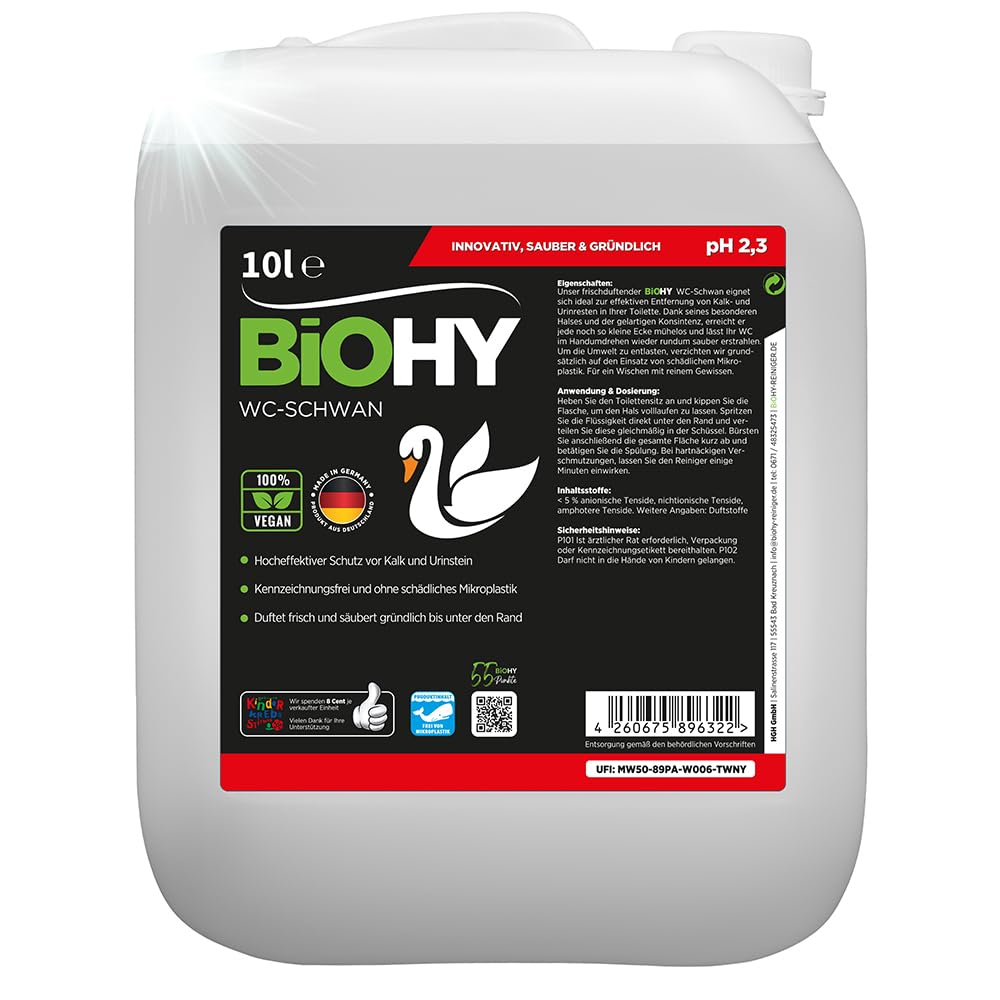 BiOHY WC Cisne (Bidón de 10 litros) | Gloss Power Gel para una limpieza higiénica hasta el borde, con un agradable y duradero aroma fresco (WC-Schwan)