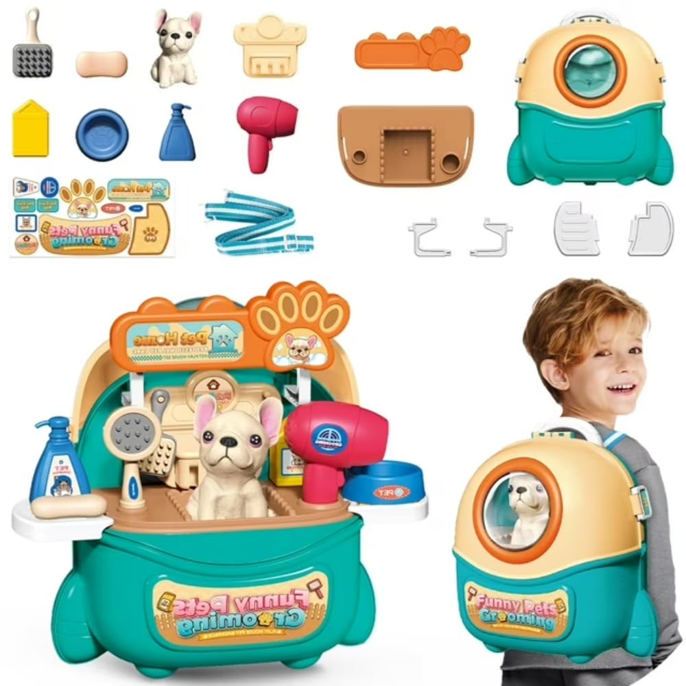 Jeu d'Imitation Vétérinaire pour Enfants 16 Pièces - Soins Animaliers, Toilettage Chien et Sac à Dos Transporteur - Idéal Cadeau