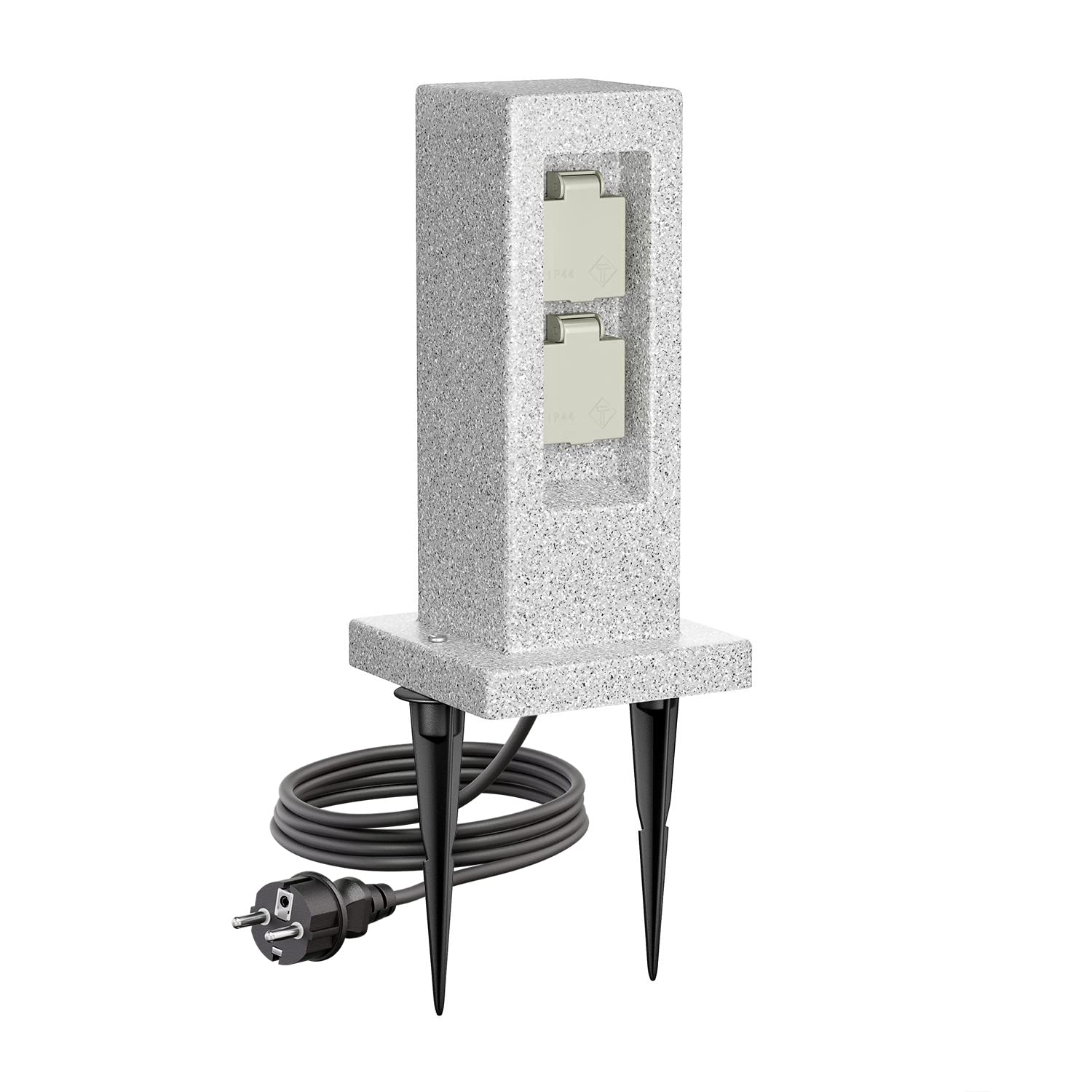 ledscom.de Garten-Steckdosen-Säule Pock mit Erdspieß und 2m Kabel für außen, 2-Fach, Stein-Optik, Kunstharz, eckig, 30cm